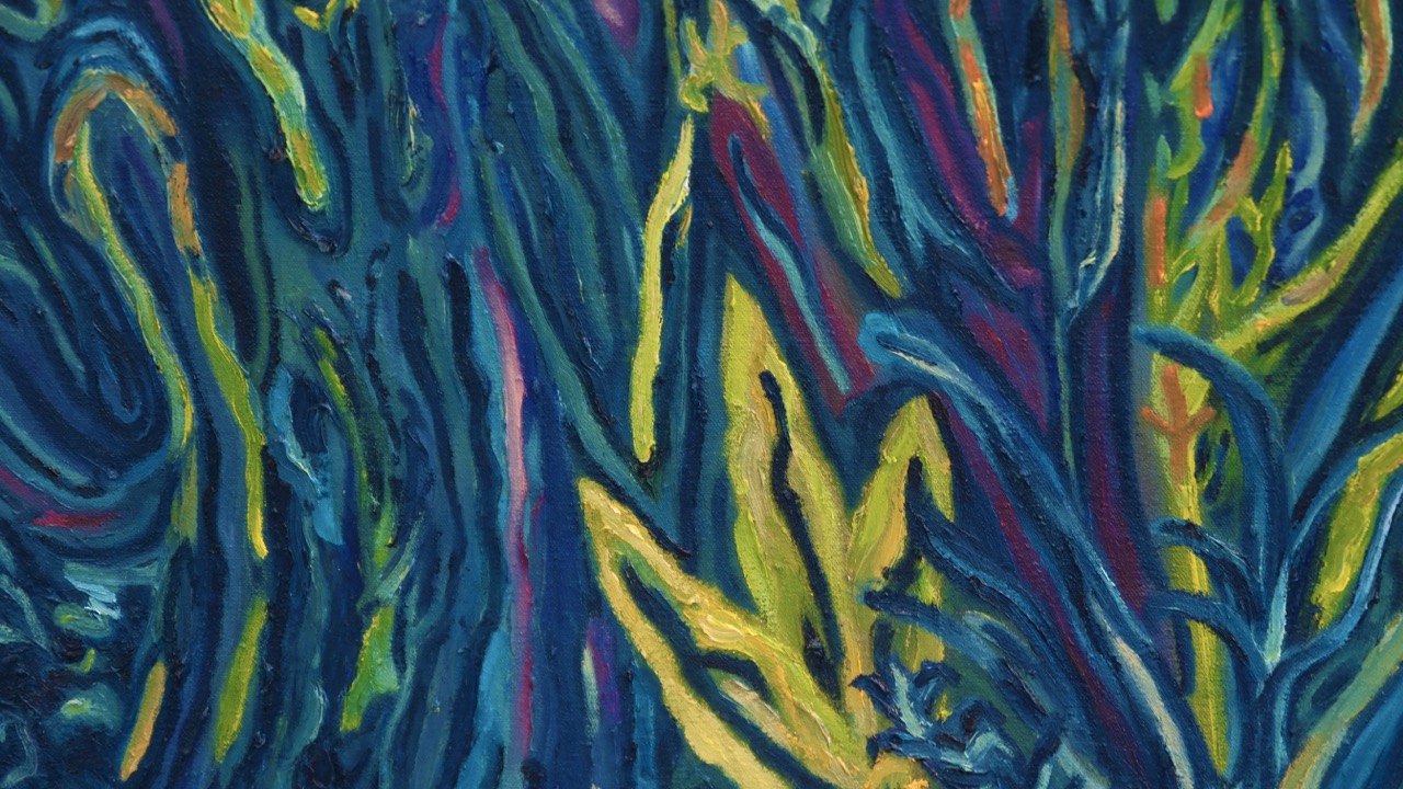 An abstract painting featuring swirling blue, green, and yellow brushstrokes. The deep hues and intertwining lines create a dynamic, textured composition resembling underwater vegetation.