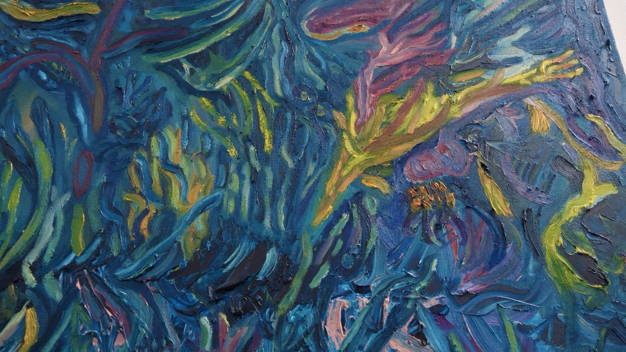 An abstract oil painting featuring a blend of vibrant blue and green hues, with dynamic brush strokes creating shapes resembling leaves and marine life. The texture is rich and layered, showcasing a variety of colours and forms throughout.