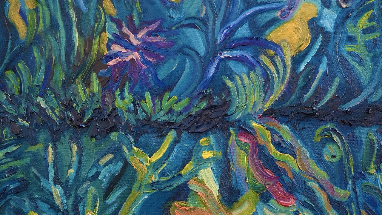 An abstract painting featuring swirling patterns in vibrant blues, greens, and yellows. Various organic shapes, resembling plants and underwater life, intertwine across the canvas, with bold brushstrokes adding texture.