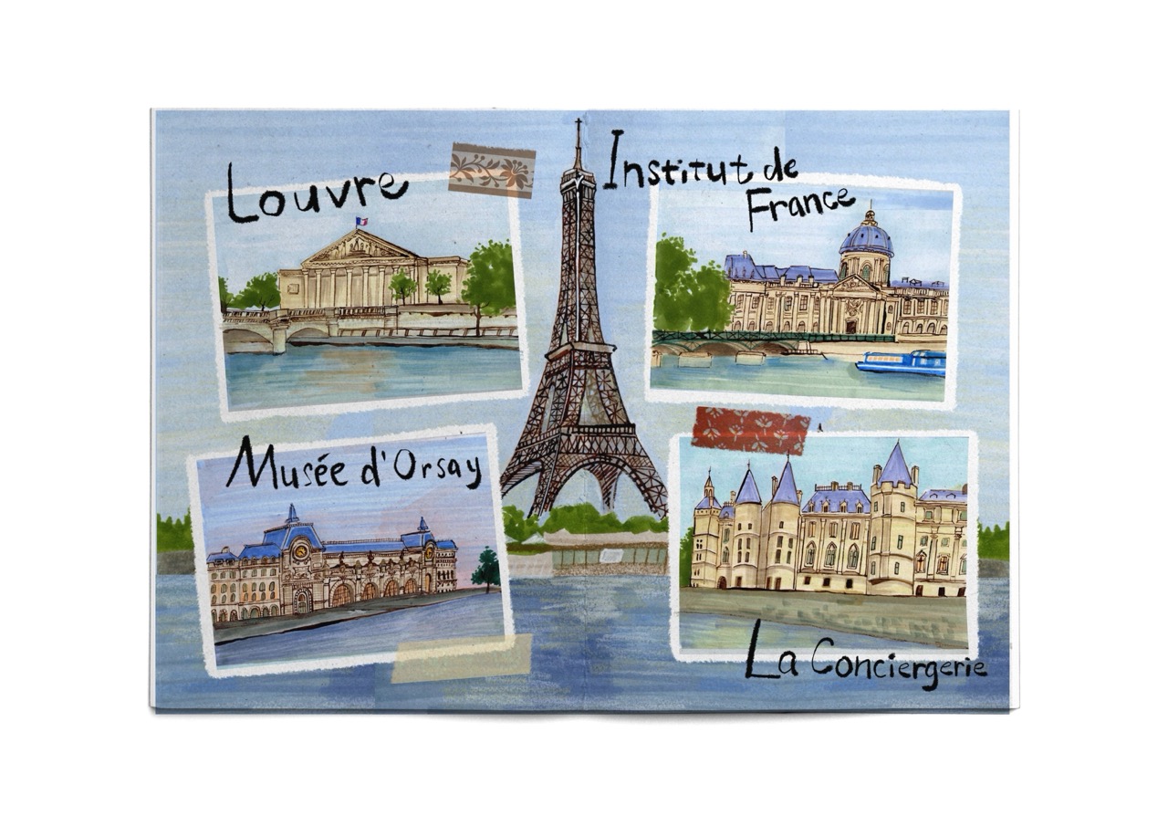 A painted collage of Paris landmarks with the Eiffel Tower in the centre, surrounded by the Louvre, Institut de France, Musée d'Orsay and La Conciergerie.