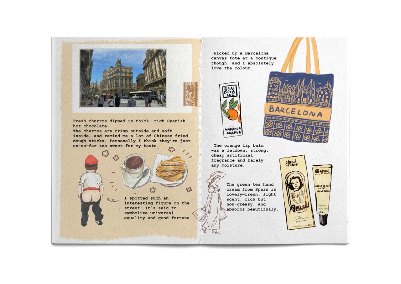 A scrapbook-style travel collage about Barcelona shows a street photo, illustrated snacks and souvenirs, and a blue tote bag with orange handles on a white page.