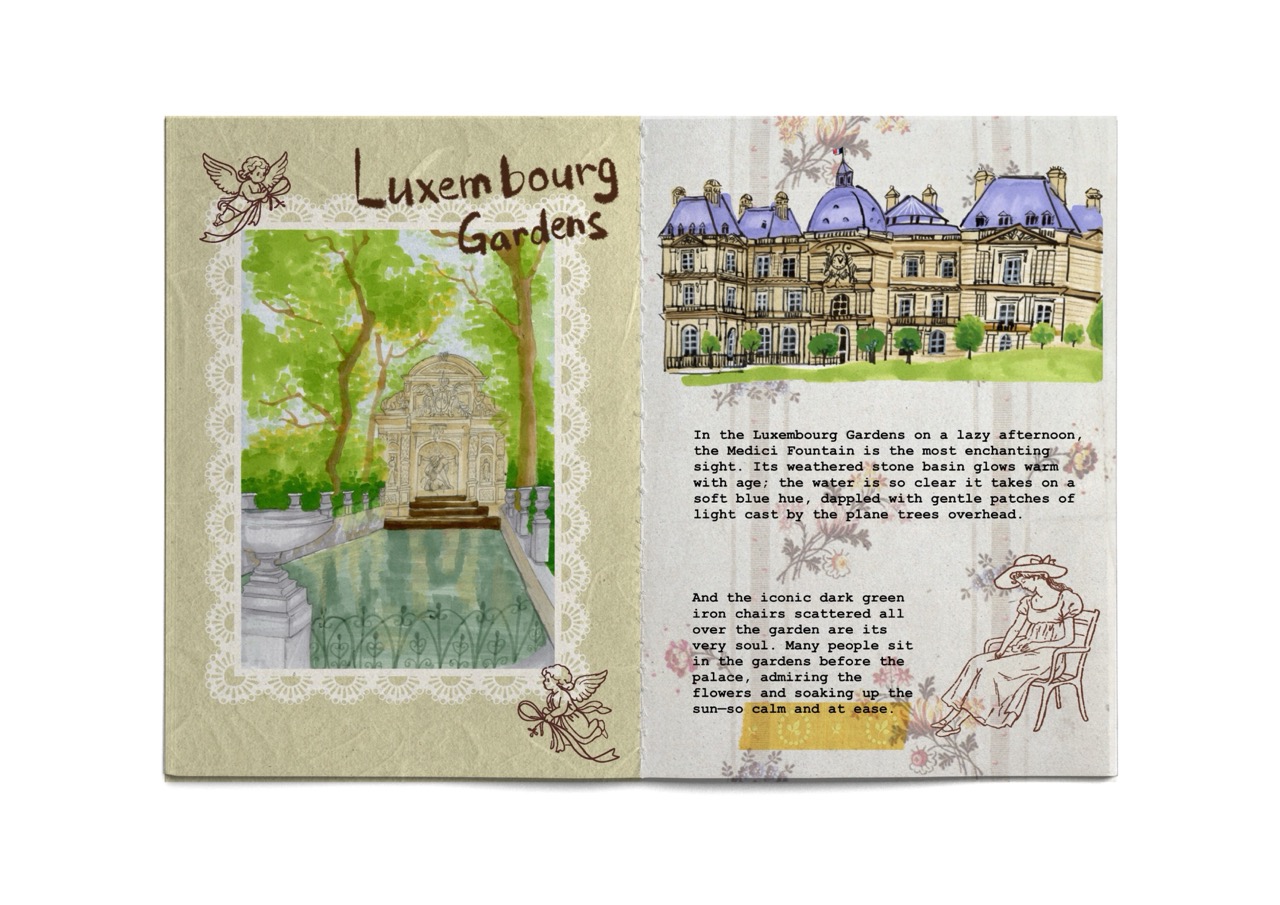 An open illustrated travel journal shows Luxembourg Gardens, with a painted stone statue, trees and a pond on the left page and a detailed building sketch with handwritten notes on the right.
