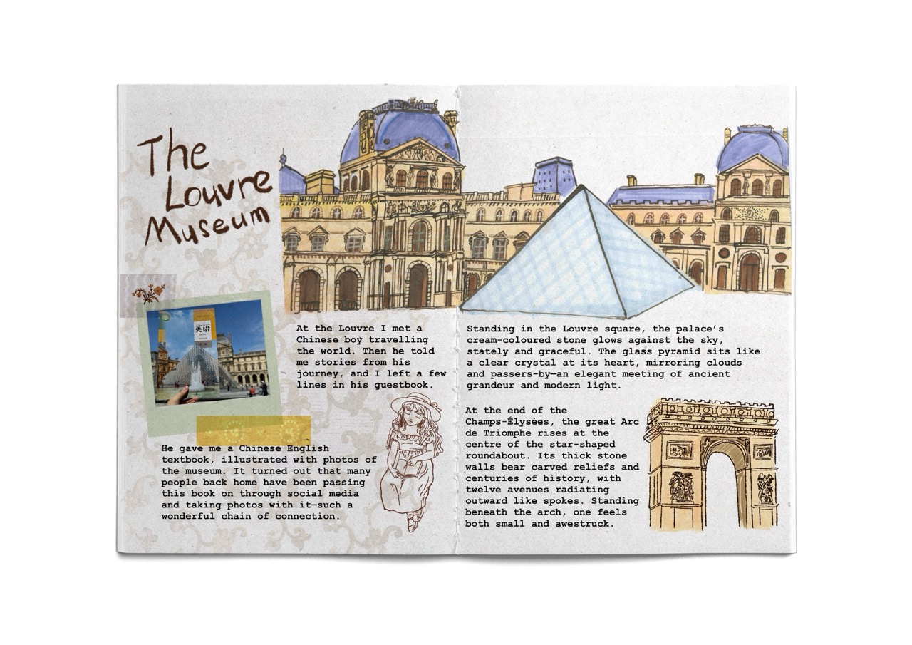 A scrapbook-style page about The Louvre Museum, featuring sketches of the Louvre palace and glass pyramid, with handwritten text and a small photo on the left.