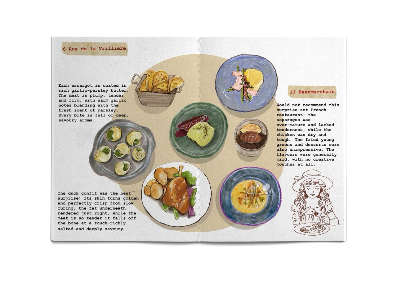 An illustrated menu page shows several circular plates of Parisian dishes on a beige background, with blocks of printed text and a small line drawing of a seated woman in the lower right.