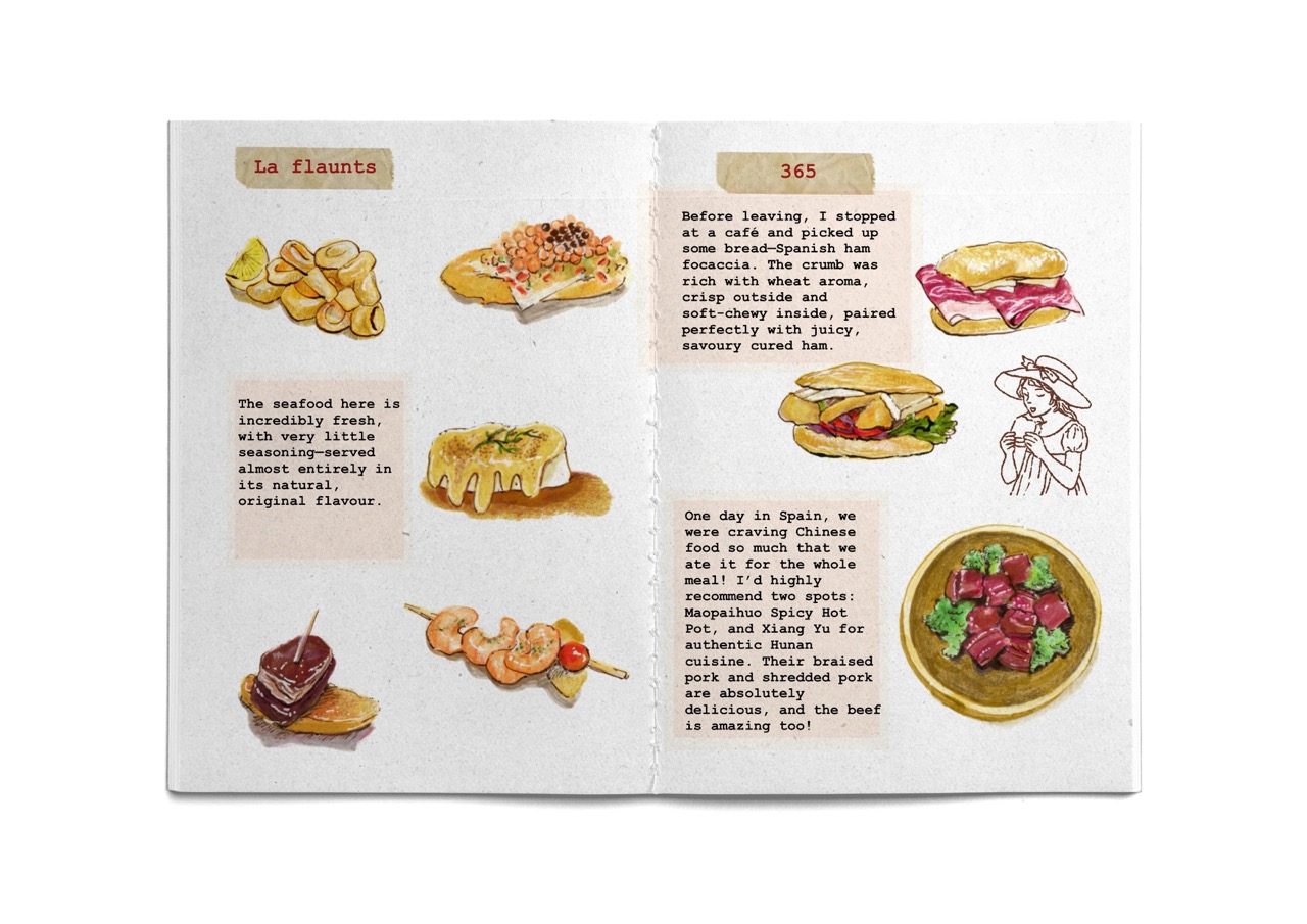 An open recipe book spread shows hand-drawn food illustrations and short text blocks, including seafood, toast, skewers and a plated dish, arranged on two pages.