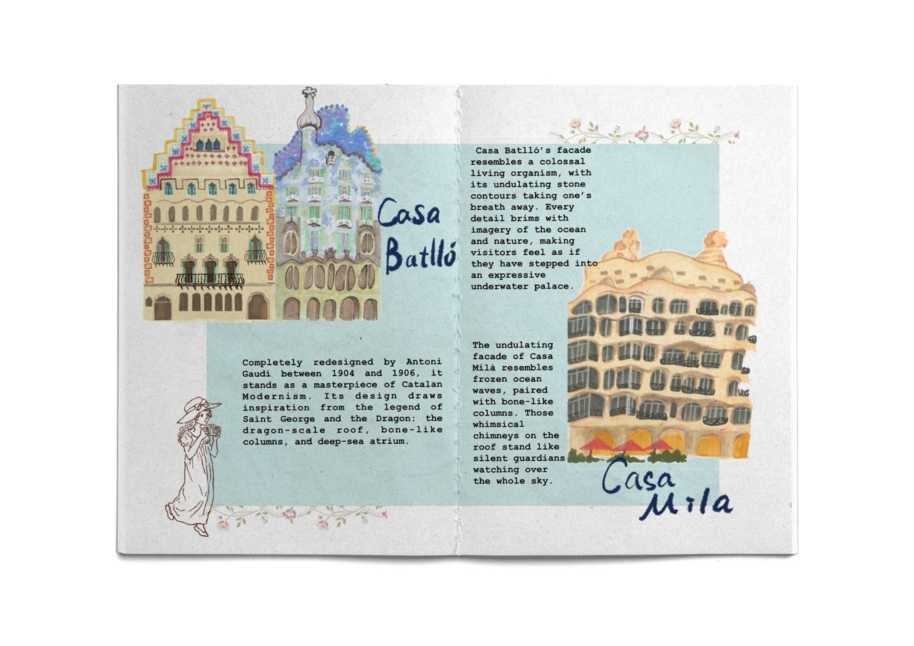 An illustrated two-page spread featuring Casa Batlló and Casa Milà sketches with handwritten notes on a light blue and white background.