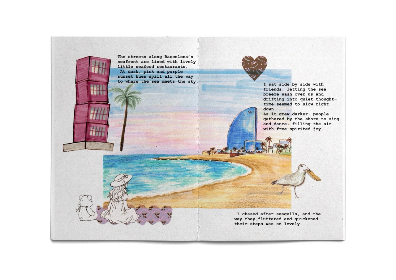 An illustrated seaside scene in a scrapbook-style page shows a curving beach with turquoise water, a pink tower on the left, and small figures along the shore.