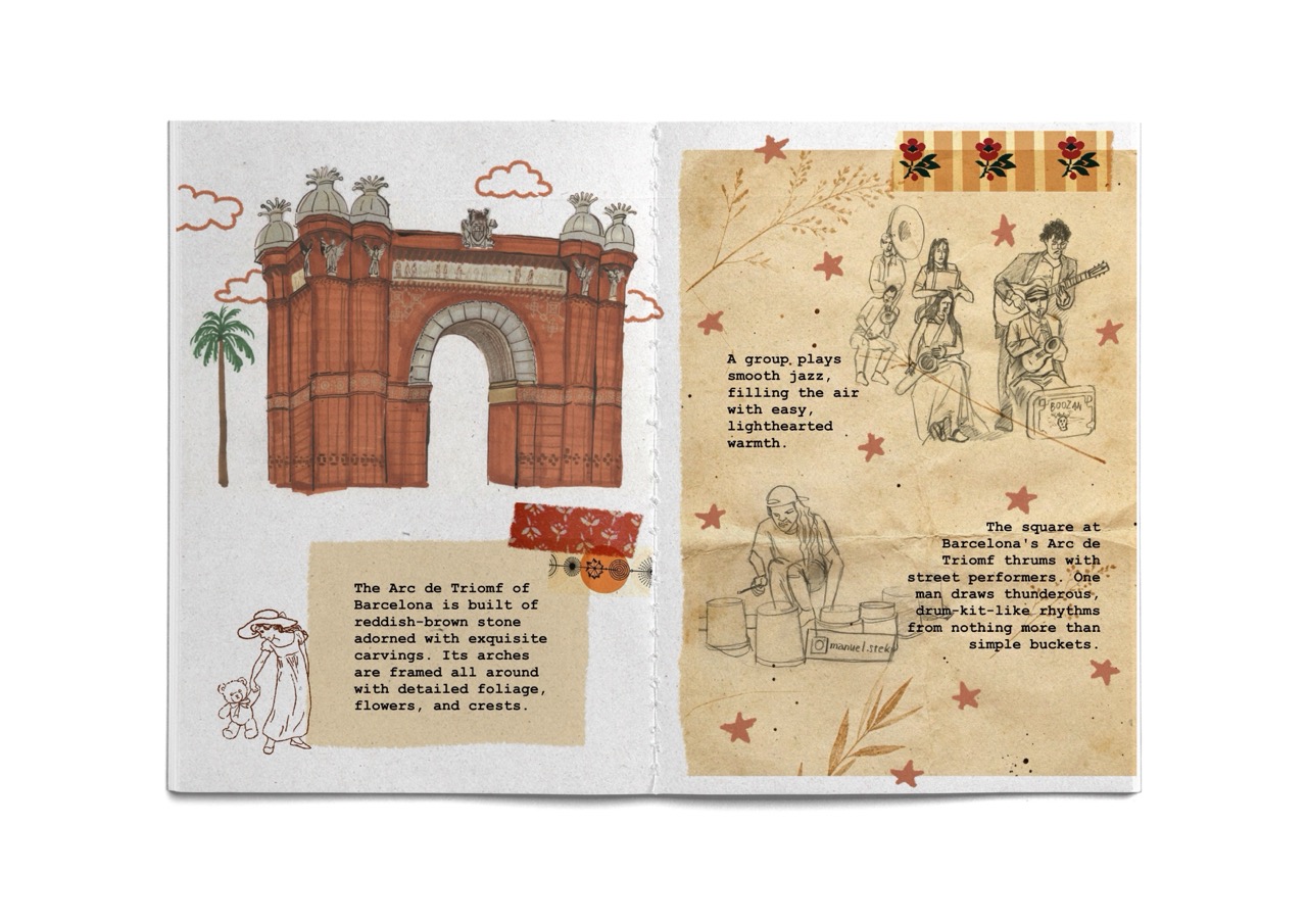 An open scrapbook-style spread with a red brick archway illustration on the left page and sketched musicians on the right page, with handwritten notes and star decorations.