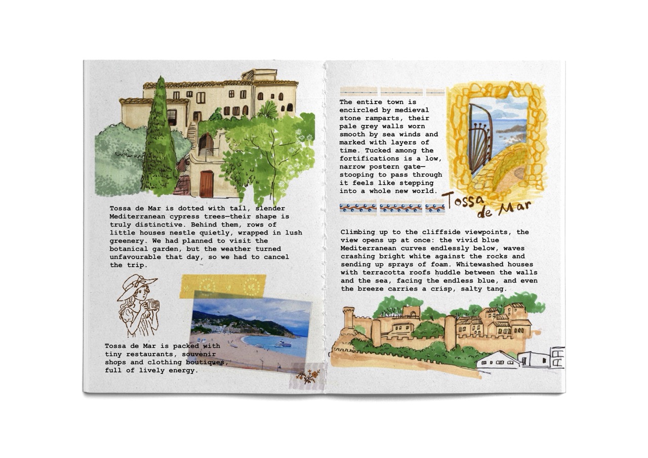 An open travel journal with handwritten notes, watercolour sketches of buildings and a beach photo, including a Mediterranean-style village scene and a decorative frame on the right page.