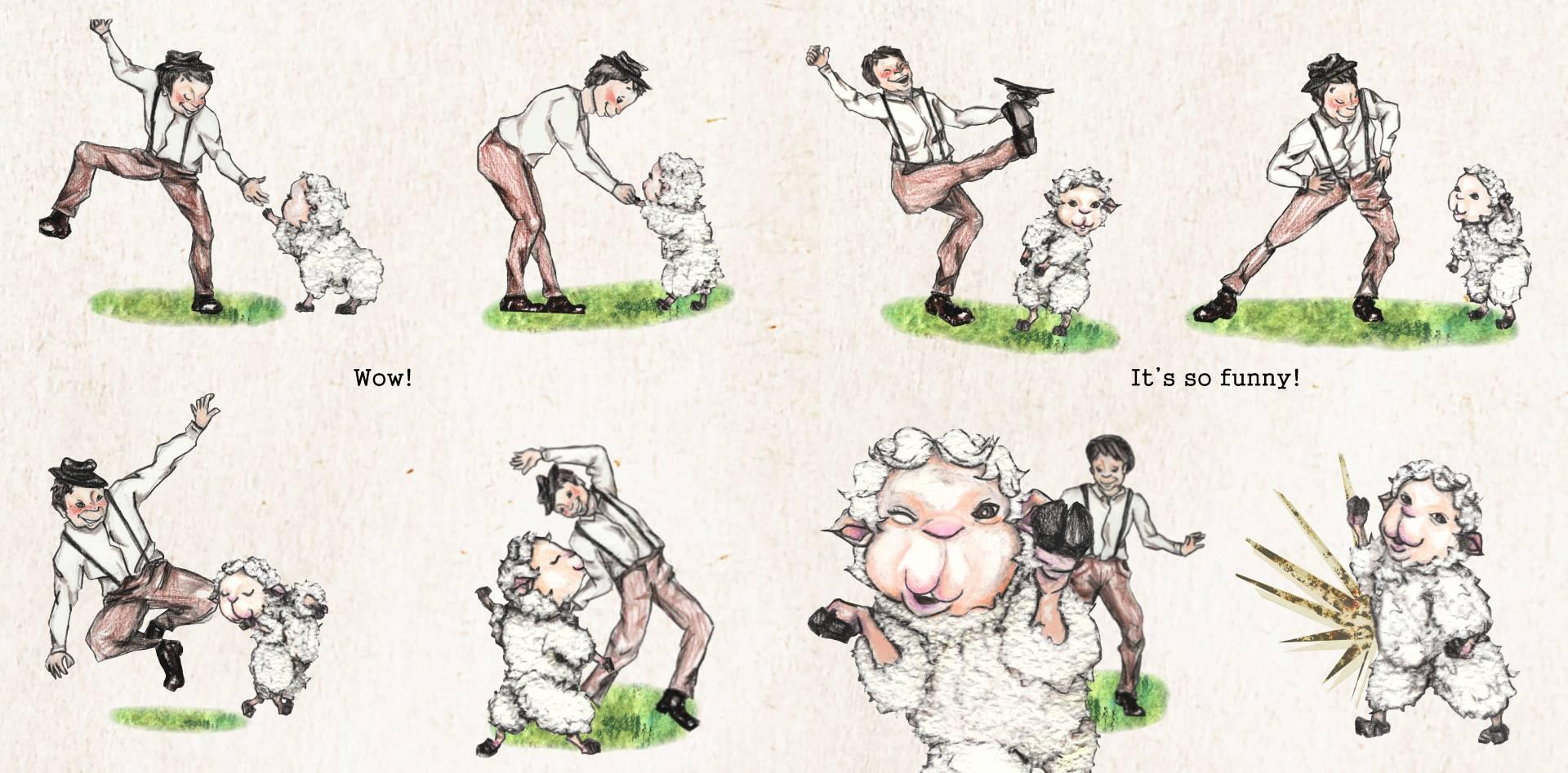 A series of 8 illustrations of a man and a sheep dancing.