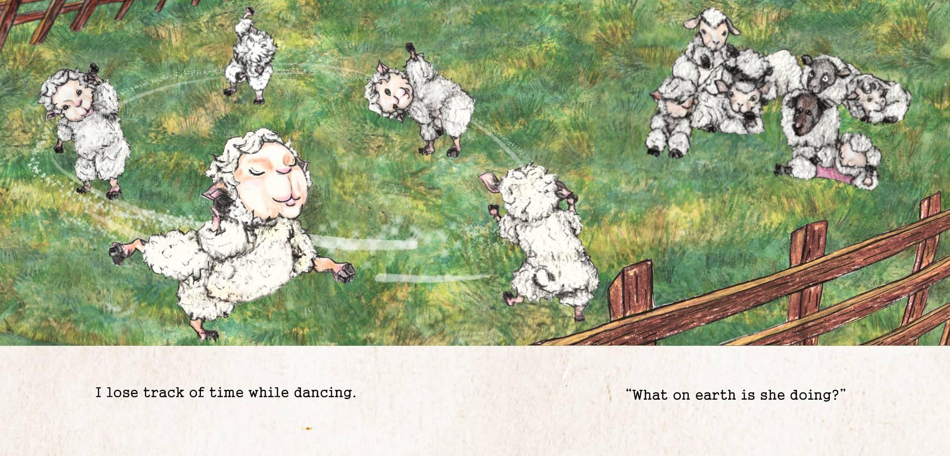 Illustration showing a sheep dancing in a field with fences at either side.