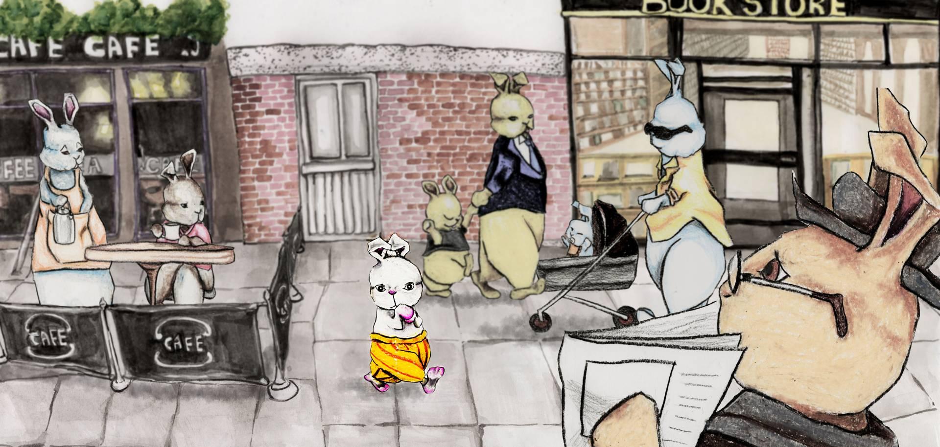 Illustration of several rabbits walking and working on a street.
