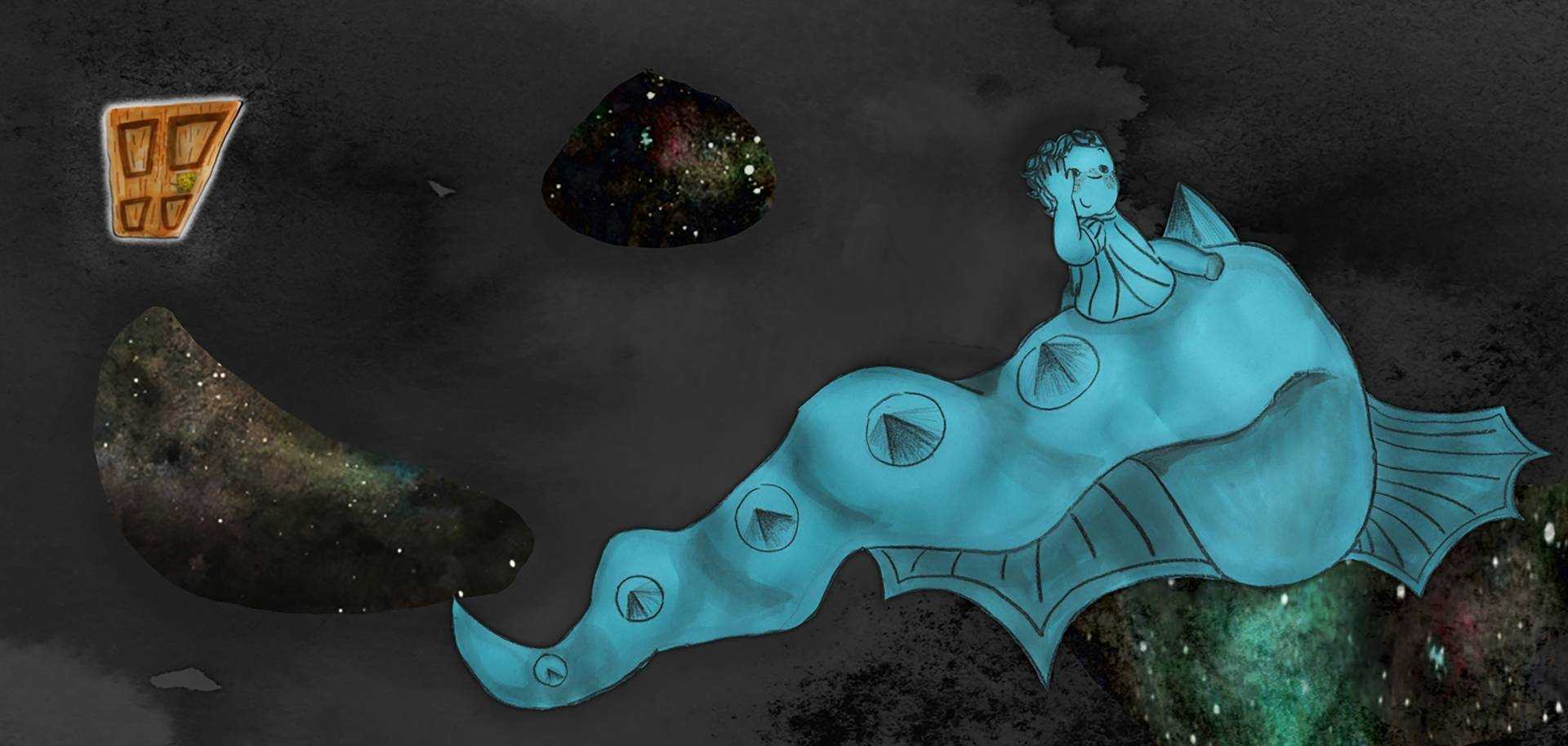 Illustration of a child riding on a dragon's back in the night sky.
