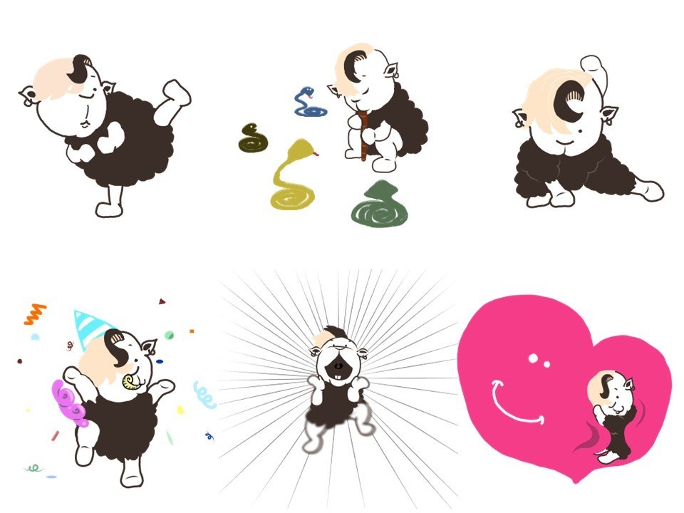 Series of 6 illustrations showing a black sheep in various poses.