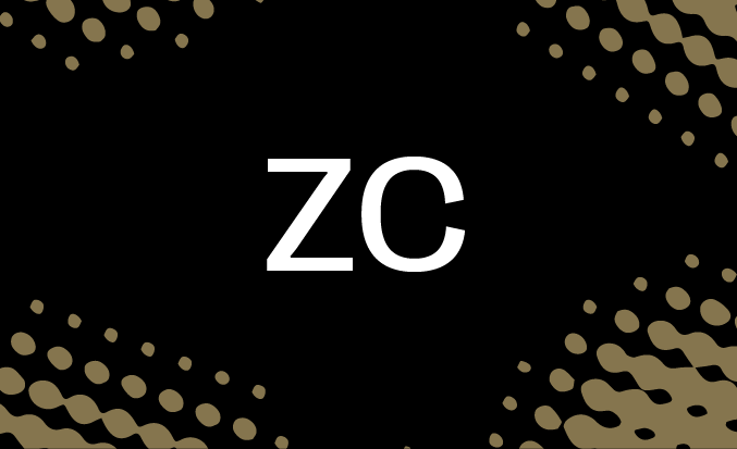 Black tile with gold pixellated accents and the initials ZC in the centre.