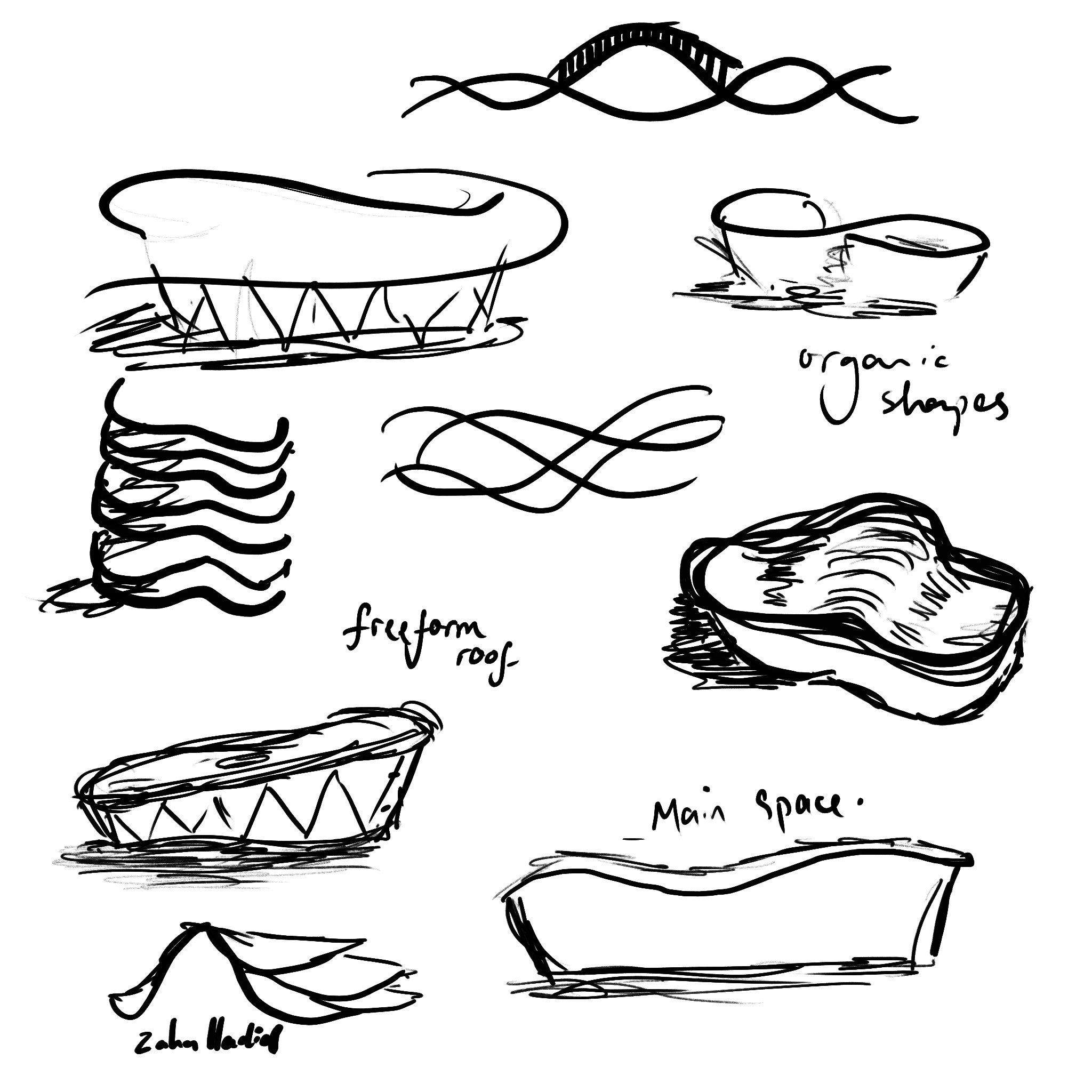 Black ink sketches showing various curved and flowing architectural forms with triangular support structures and wavy lines throughout.