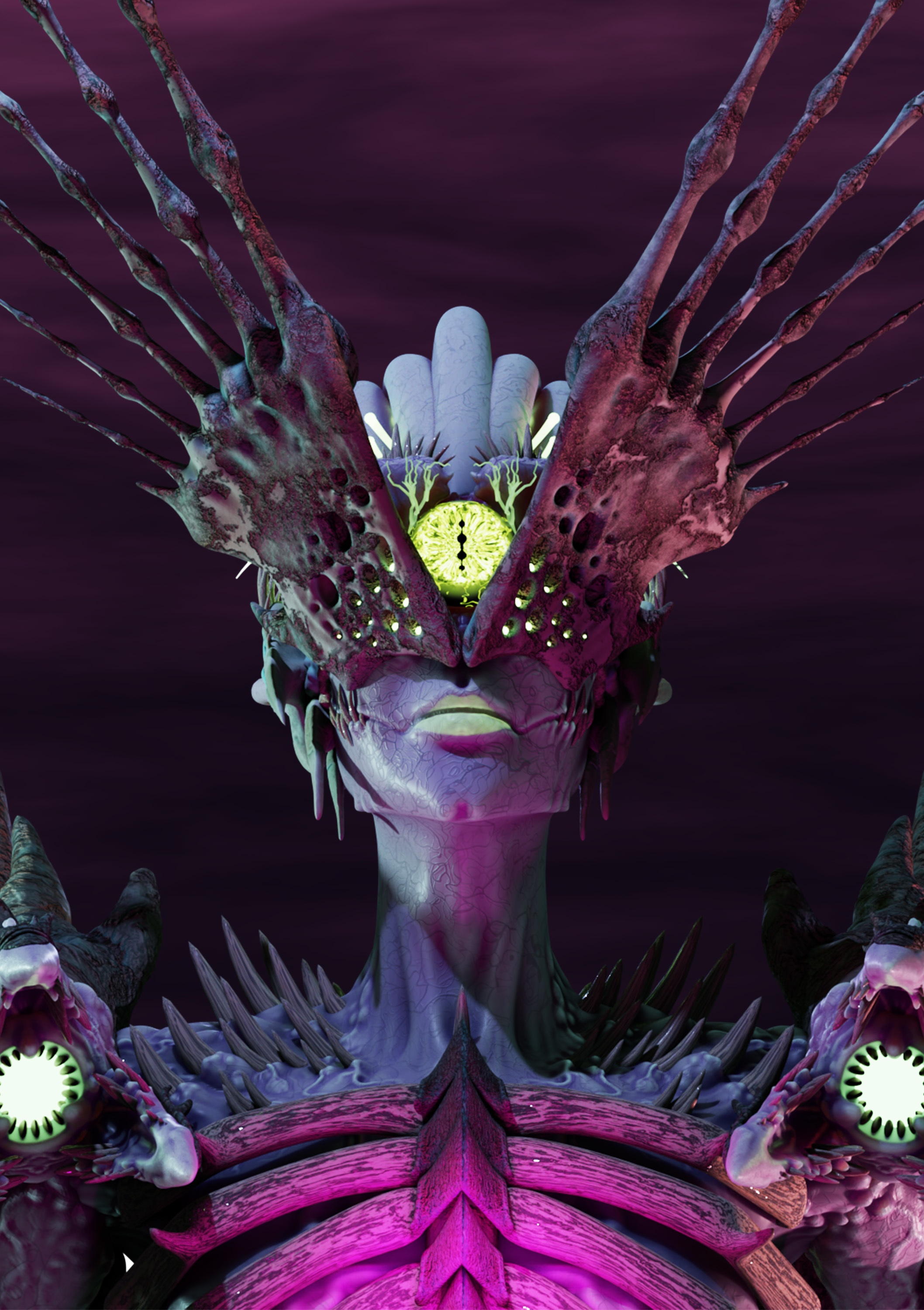 Render of a skeletal alien creature with a glowing green eye, undercast pink lighting, dark cloudy background.
