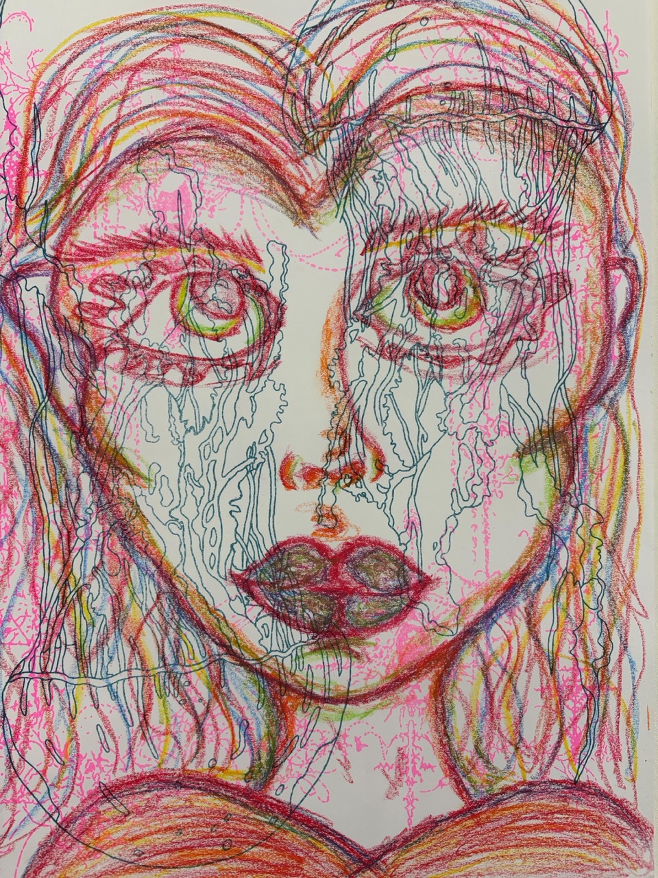 A brightly coloured drawing of a woman's face featuring large eyes and full lips. The image is composed of swirling lines in pink, green, yellow, and blue, creating a textured effect that highlights the facial features.