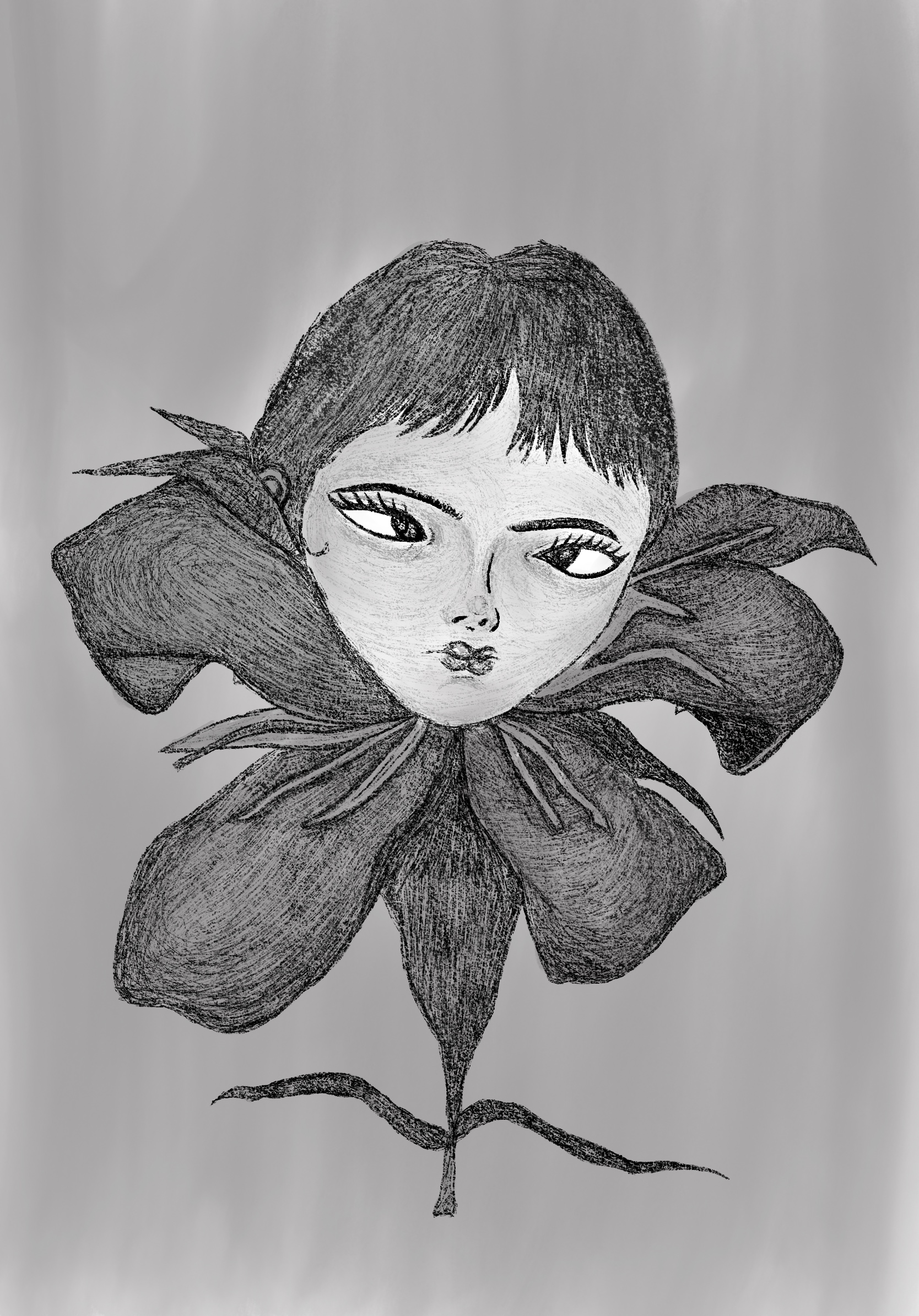 An artistic black and white illustration of a flower with a woman's face at its centre. The flower petals are dark with a smooth texture, and the face has distinct features, including large eyes and straight hair.