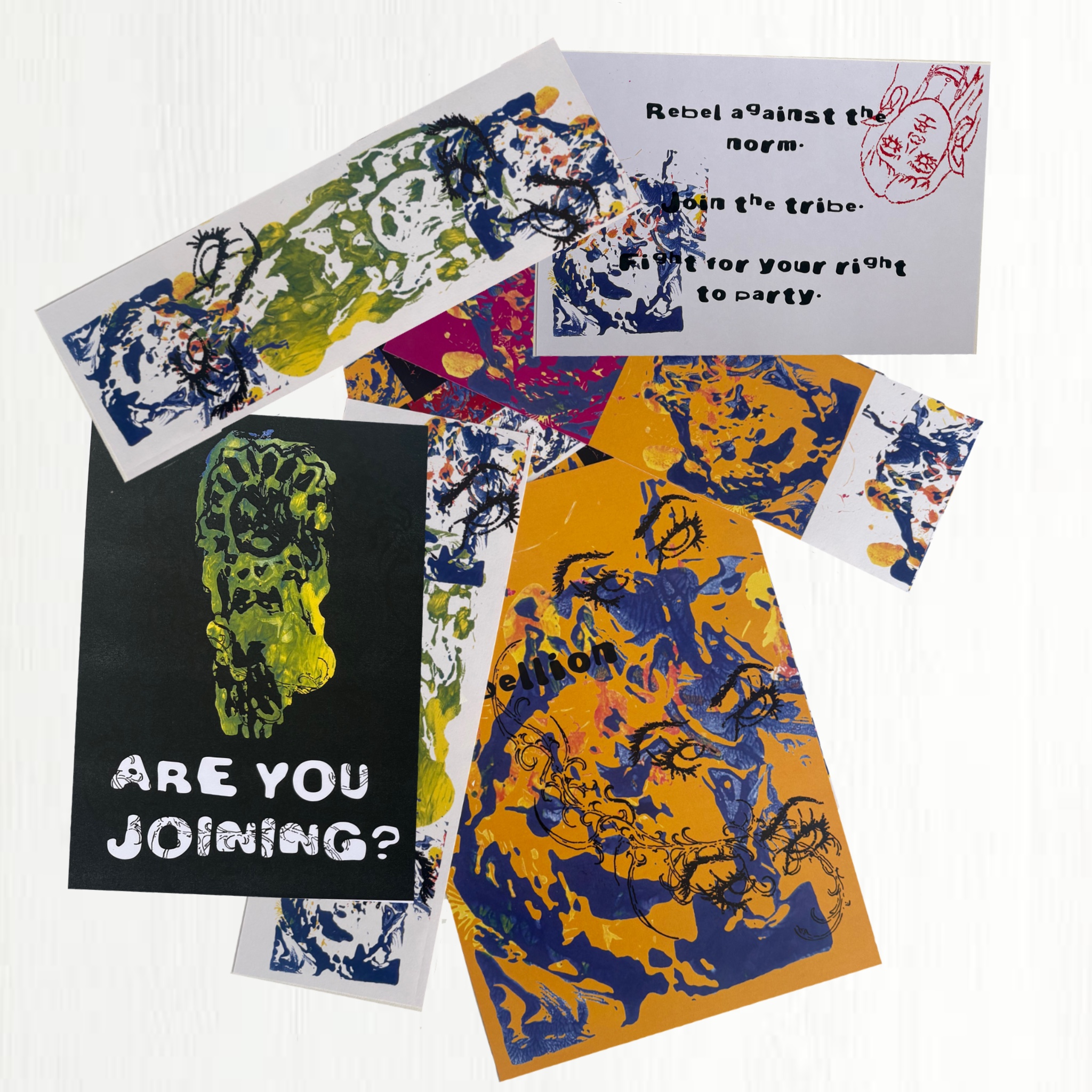 A collection of vibrant, abstract postcards displayed on a white surface. The postcards feature various graphics and text, including phrases like "Are you joining?" and "Rebel against the norm" in contrasting colours and styles.