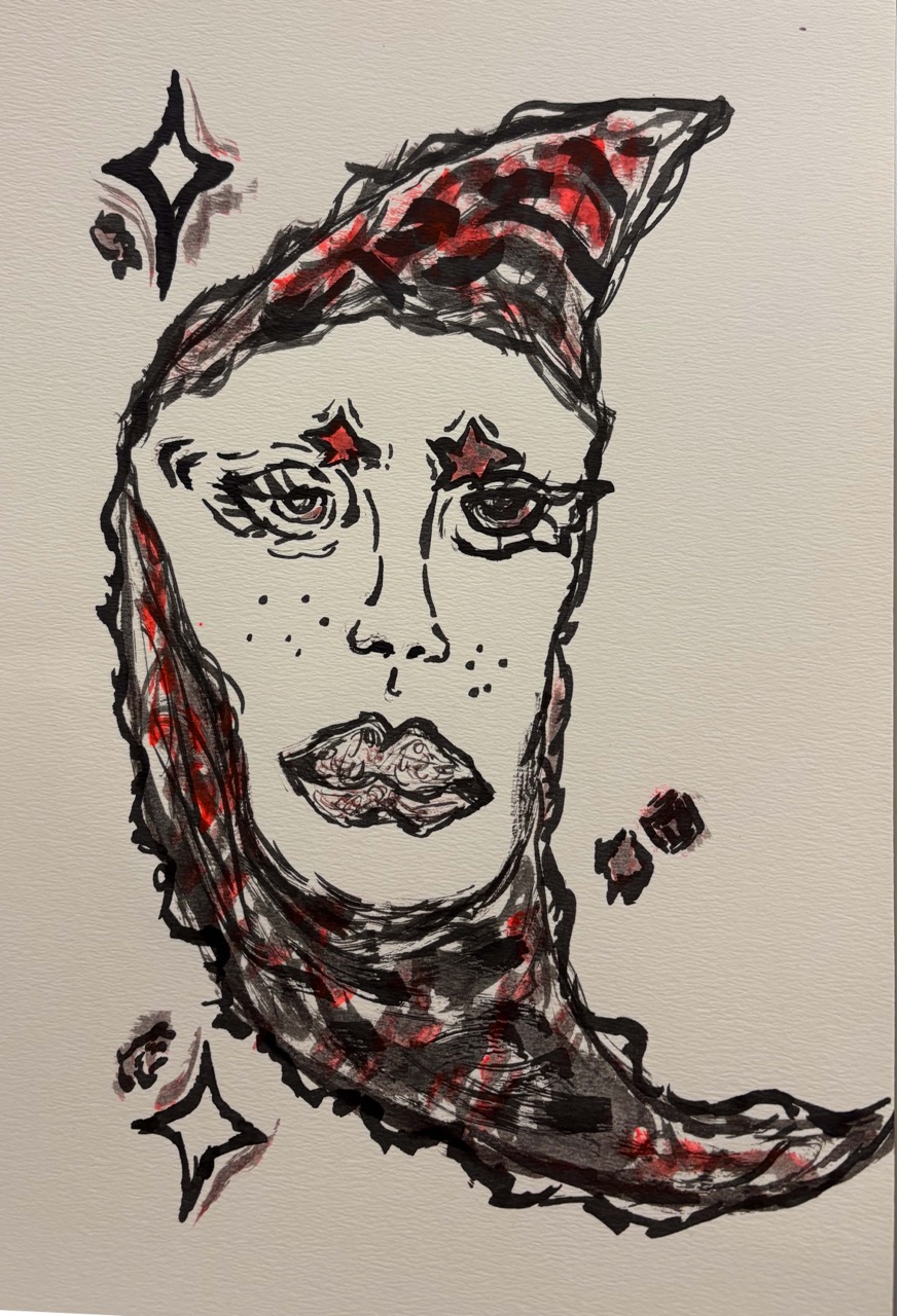 An abstract illustration of a face merging with a crescent moon shape. The face features bold outlines, prominent lips, and decorative stars, with a checkered pattern in red and black along the moon's edge, set against a plain background.