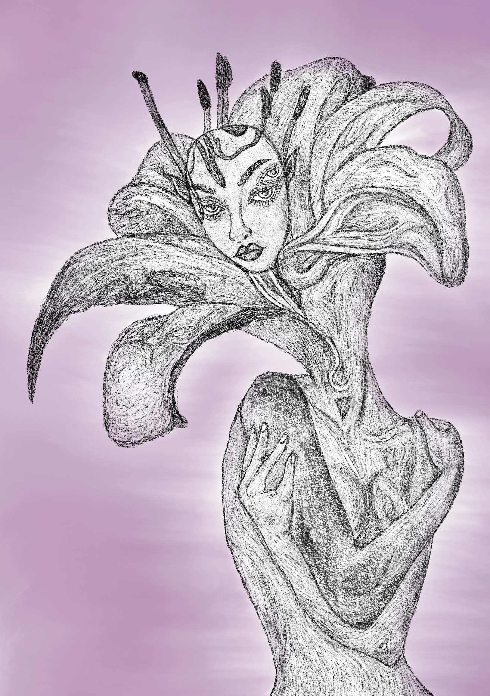 A stylised figure resembling a woman intertwined with large flower petals, featuring elongated features and delicate details. The background consists of a soft pink gradient, enhancing the floral theme of the illustration.
