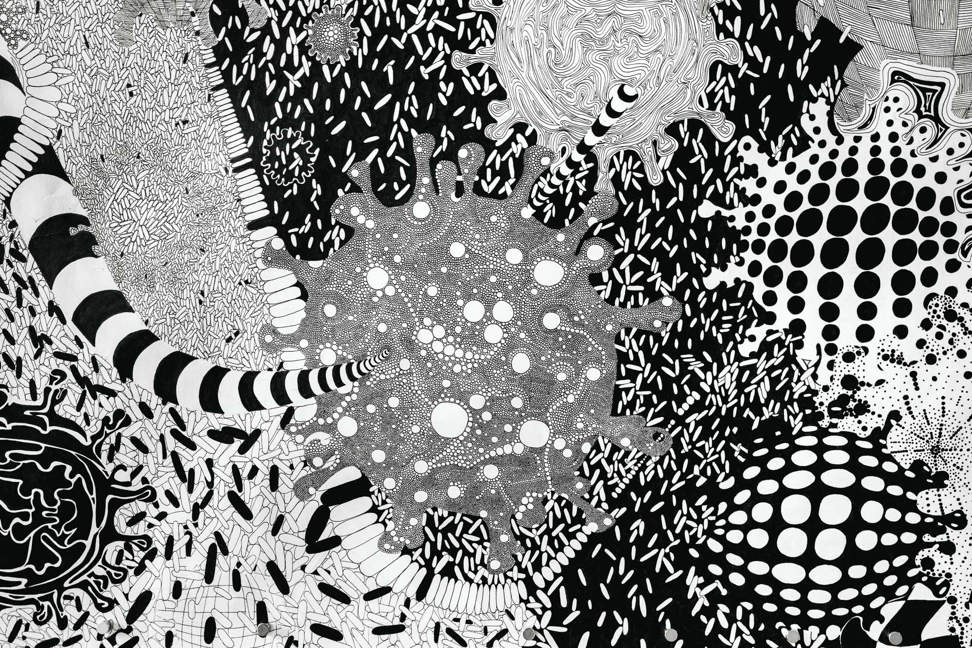 Black and white artwork featuring various dots, lines and stripes.