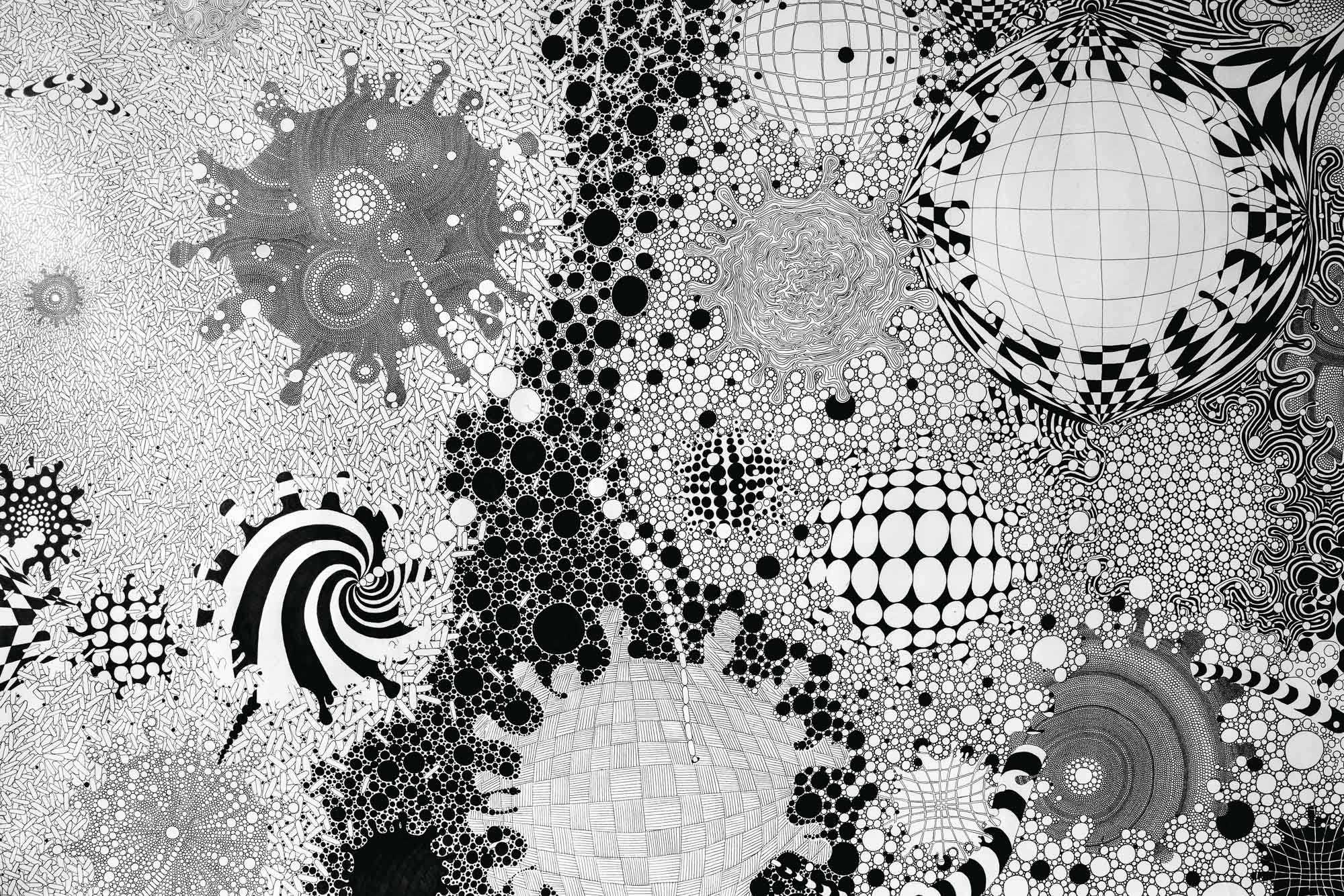 Black and white artwork featuring various circles, dots and spirals.