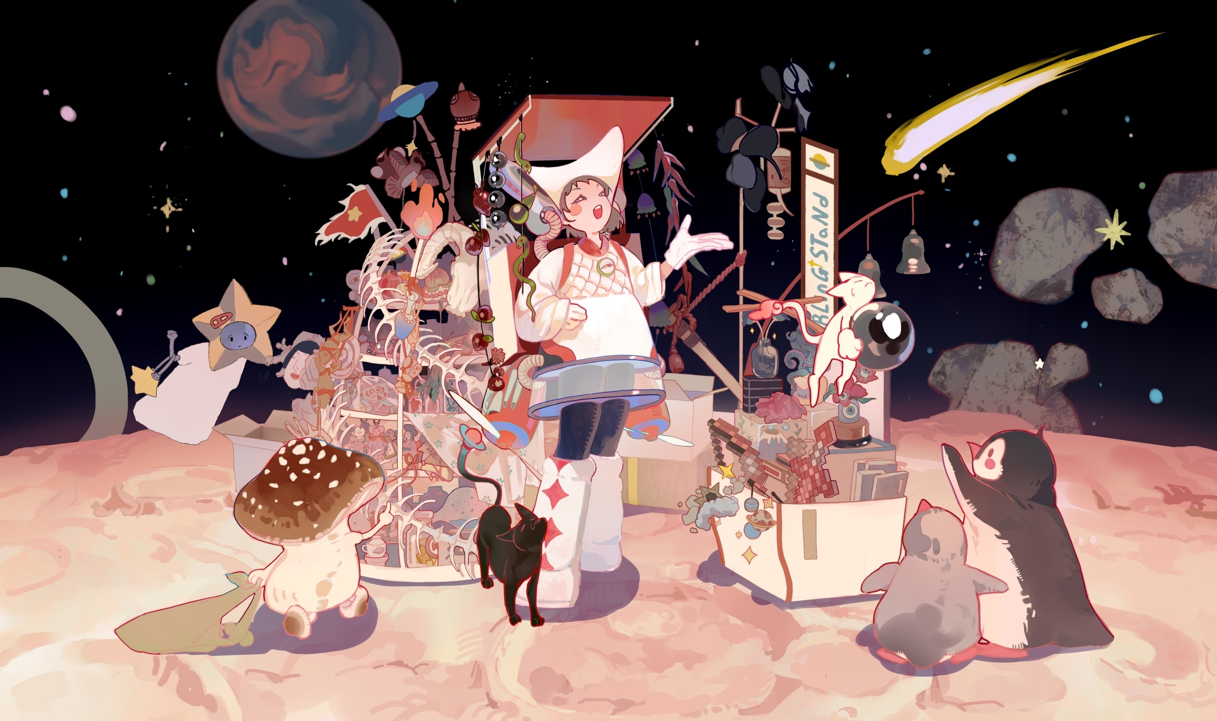 Illustration showing group of cartoon characters on pink surface against black starry sky with planets and comet. Central figures near red tent structure.