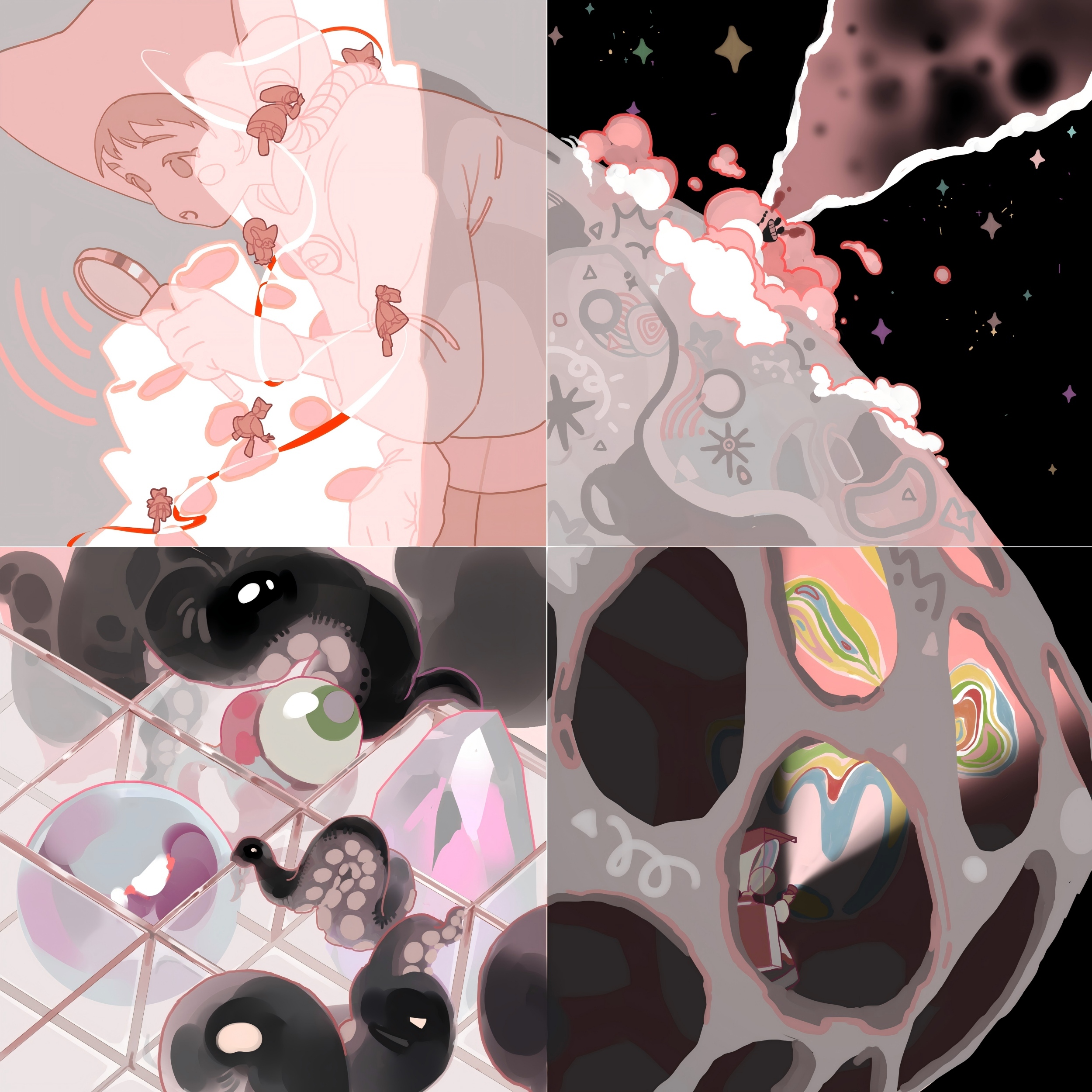Four-panel digital illustration with pink, grey, black, and white colour scheme. Abstract organic shapes, flowing forms, and geometric elements across quadrants with starry and cloudy textures.