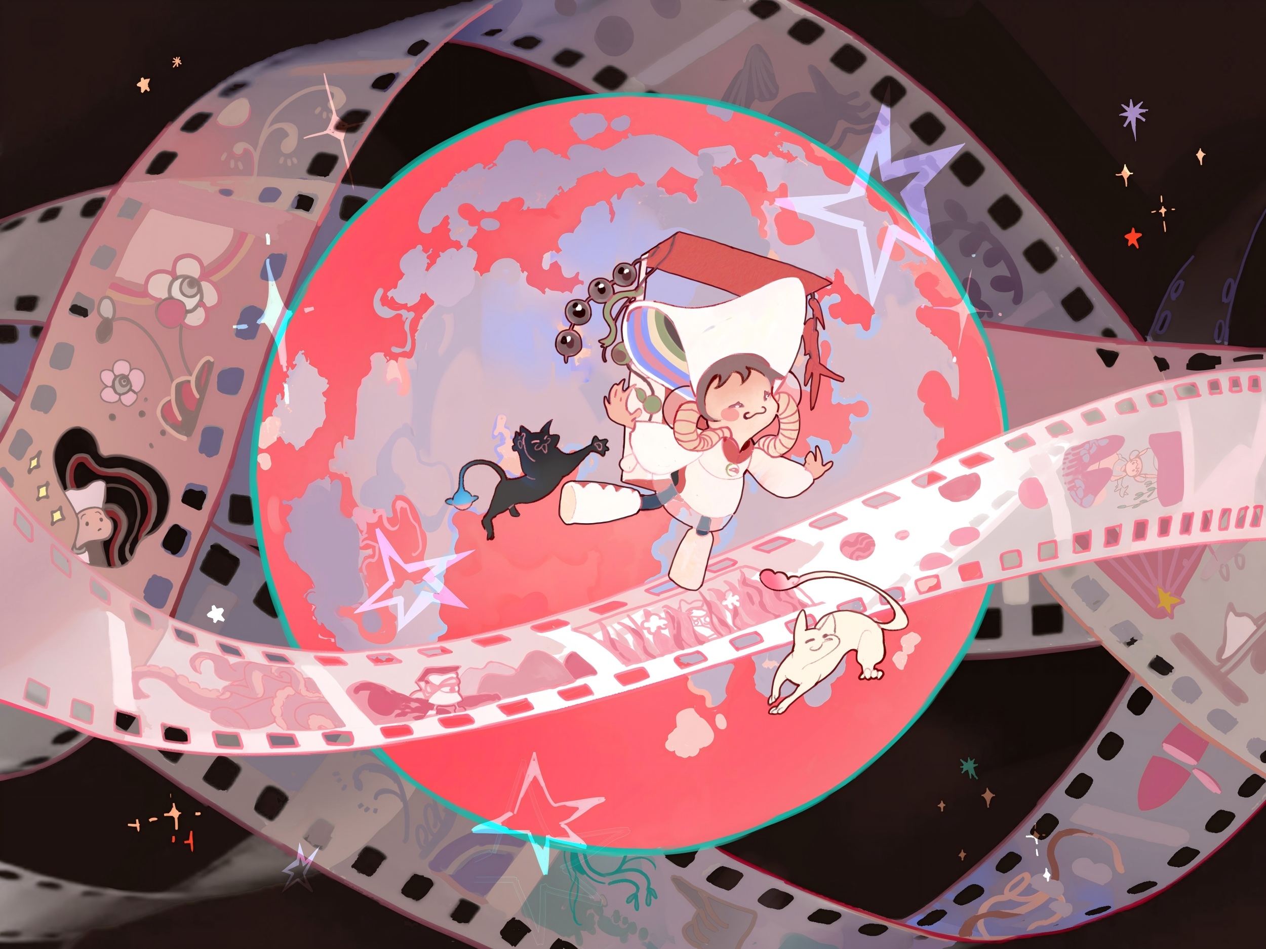Animated illustration with circular red globe surrounded by curved film strips, cartoon character floating in centre, black space background with stars.