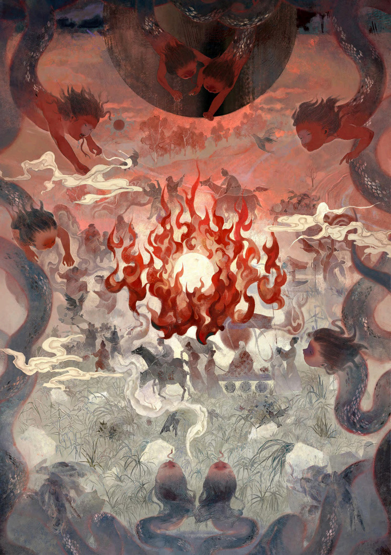Fantasy illustration with central bright orange flames surrounded by swirling grey smoke, dark serpentine shapes, and muted pink sky.
