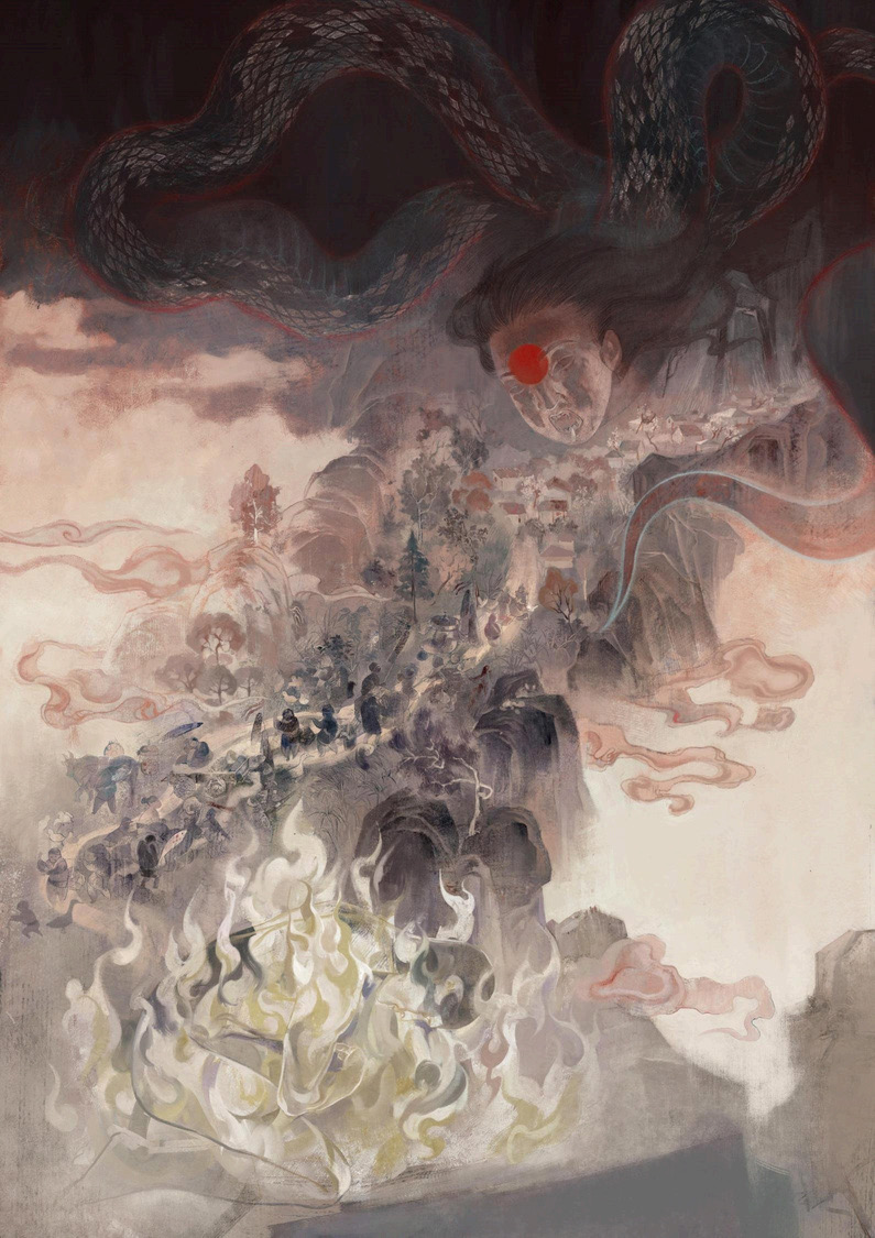 Dark serpentine form with red eye dominates upper portion above swirling grey and cream clouds with small human figures below.