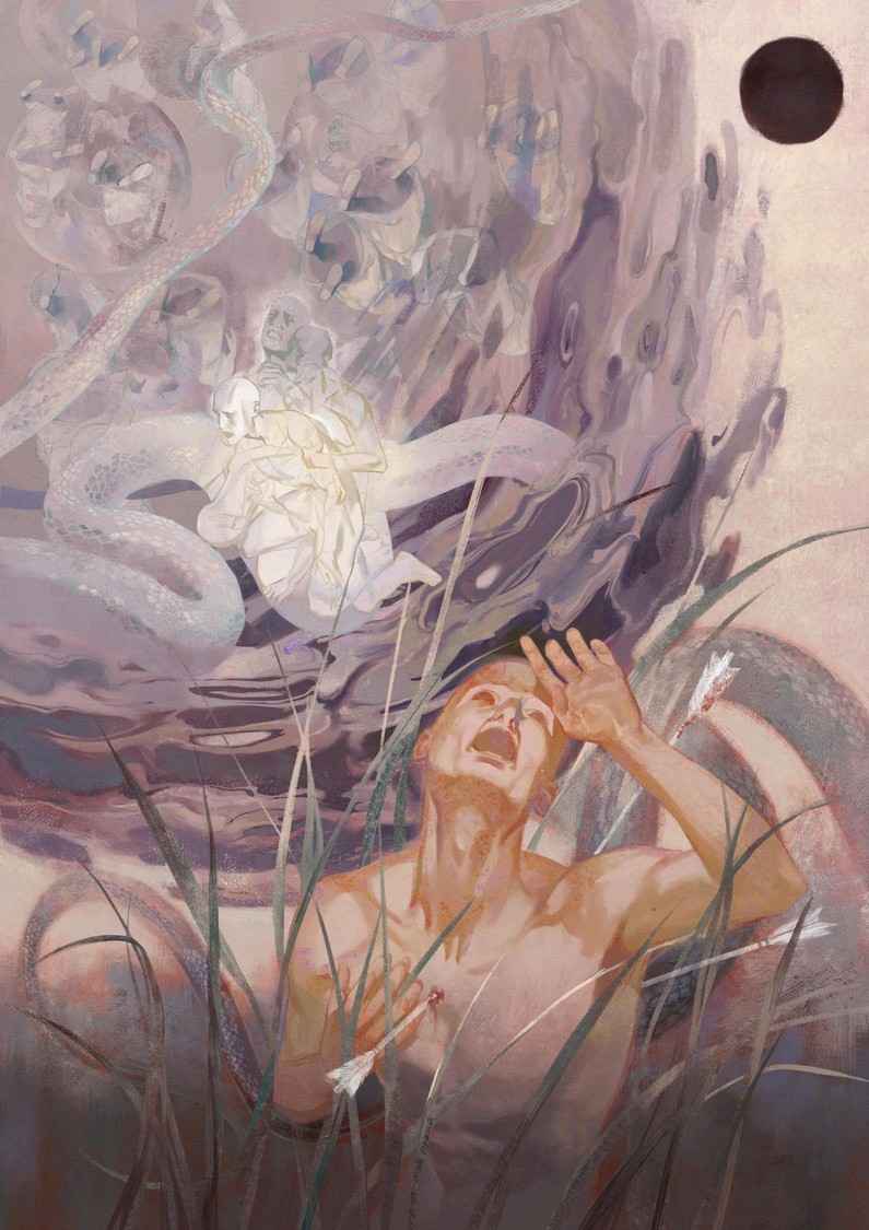 Illustration with pale purple and cream swirling shapes above, brown-skinned figure with hand to head below, dark green linear elements at bottom, small dark circle upper right.