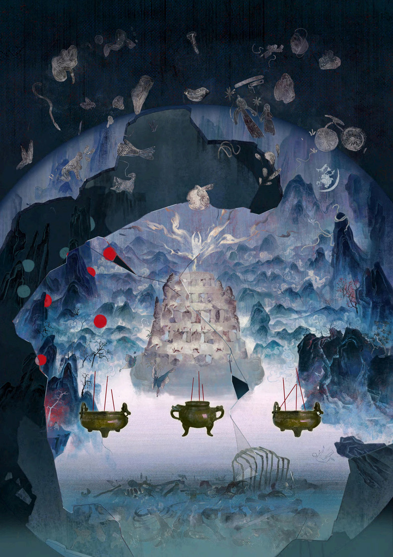 Dark blue cave interior with stepped stone structure, floating green vessels, small red circles on left, white mist at bottom.