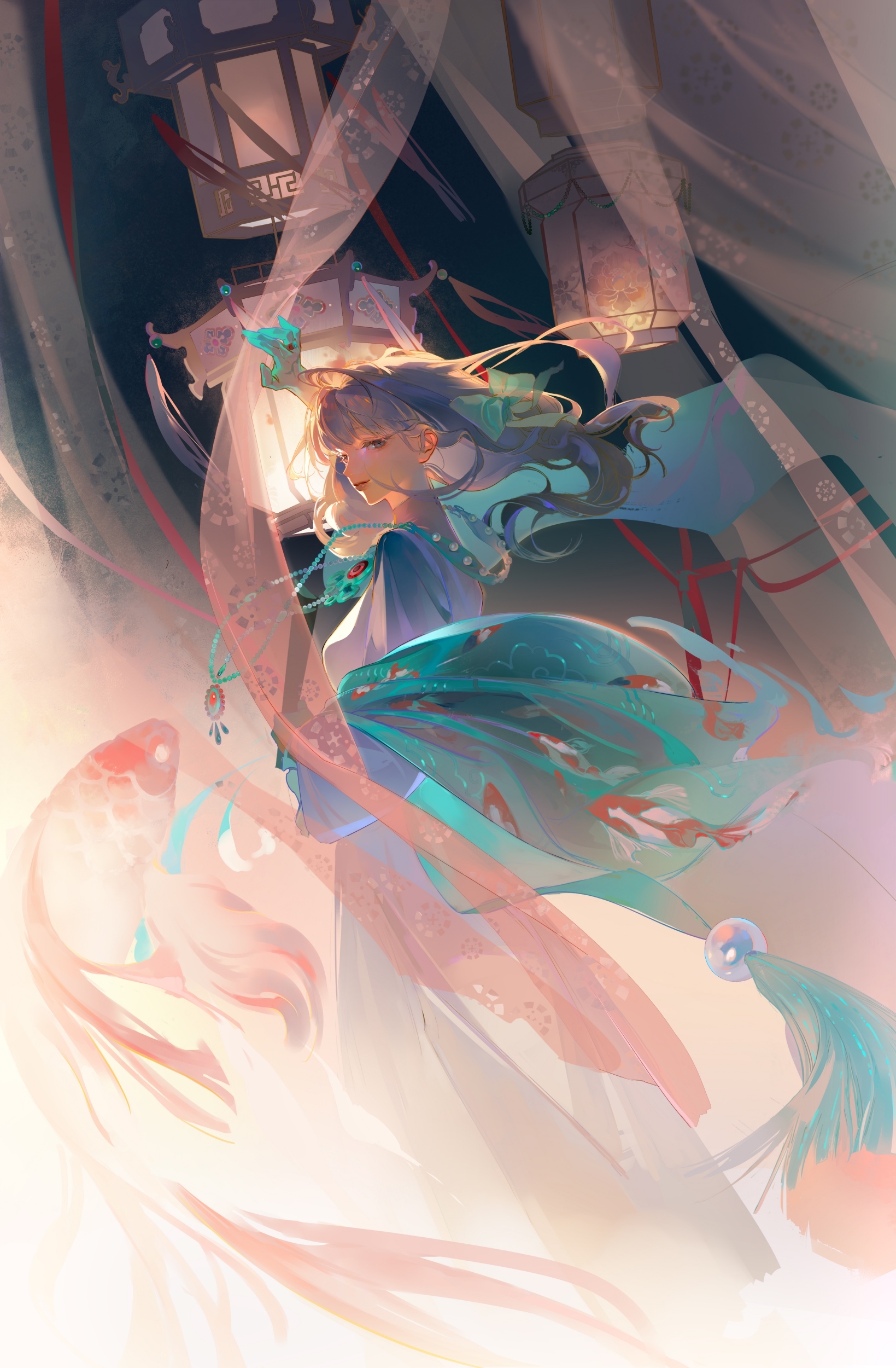 Digital artwork with swirling turquoise, pink, and cream brushstrokes forming abstract shapes around a central darker area with angular fragments.