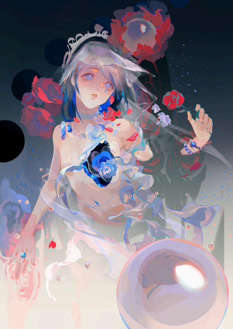 Anime-style illustration of figure with white hair in dark space. Red and blue geometric shapes float around. Soft pastels with dark background.