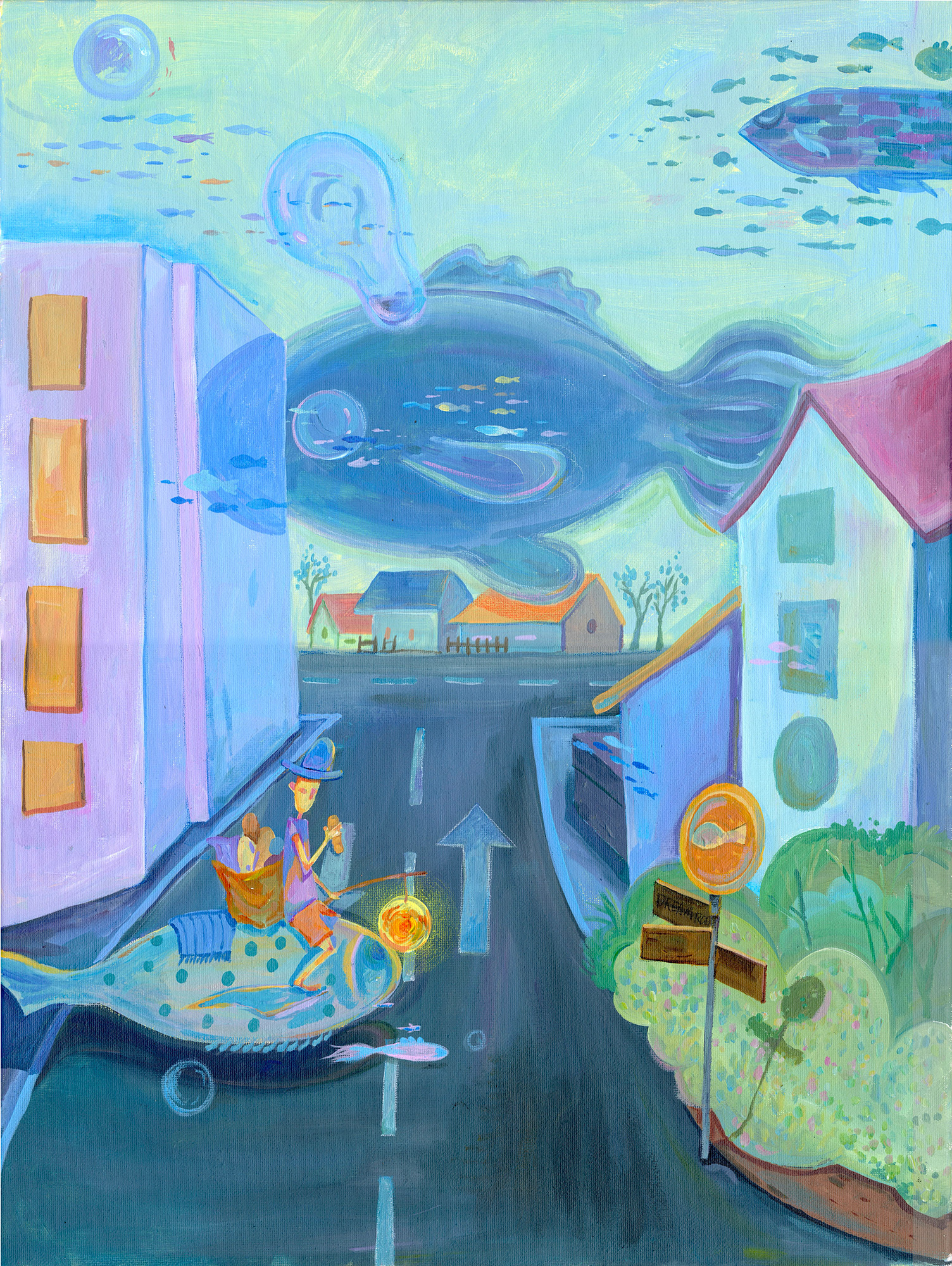 Abstract illustration of an underwater street with large and small fish as a car, colourful buildings.
