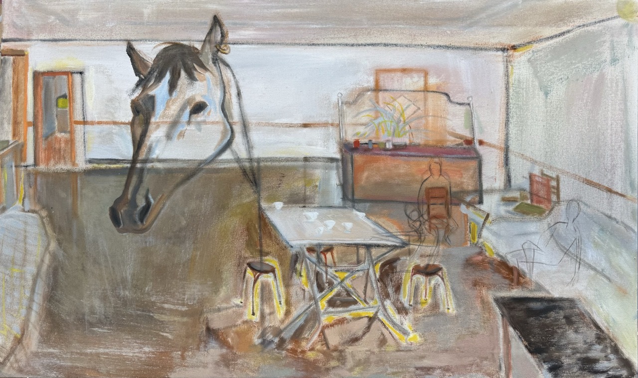 Watercolour illustration showing brown horse's head in foreground, white interior space with wooden furniture, chairs, and warm brown tones.