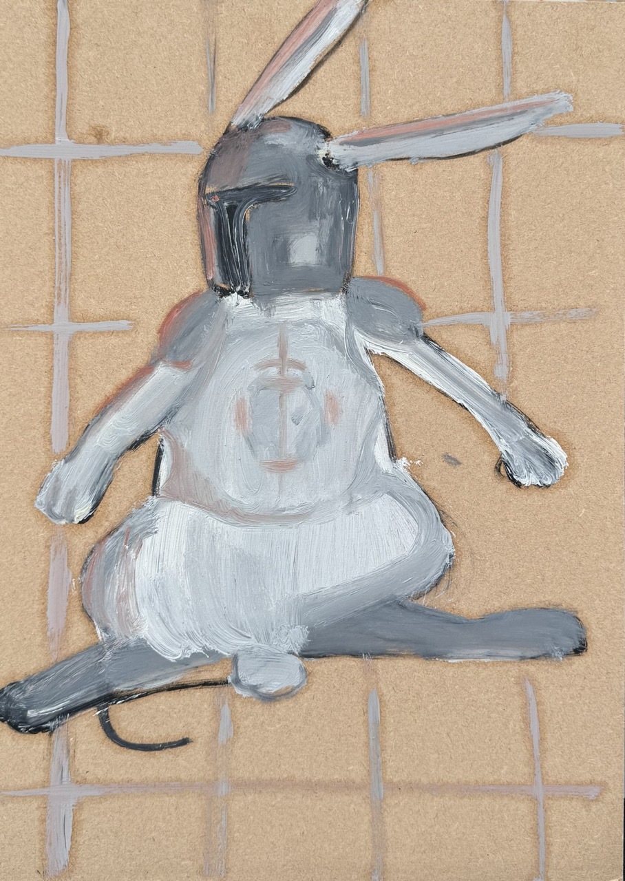 Painting of grey rabbit figure with long ears sitting on beige tiled surface, rendered in loose brushstrokes with white and grey tones.