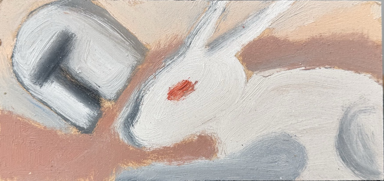 Abstract painting with curved white and grey forms, orange and pink background, small red accent, loose brushstrokes.