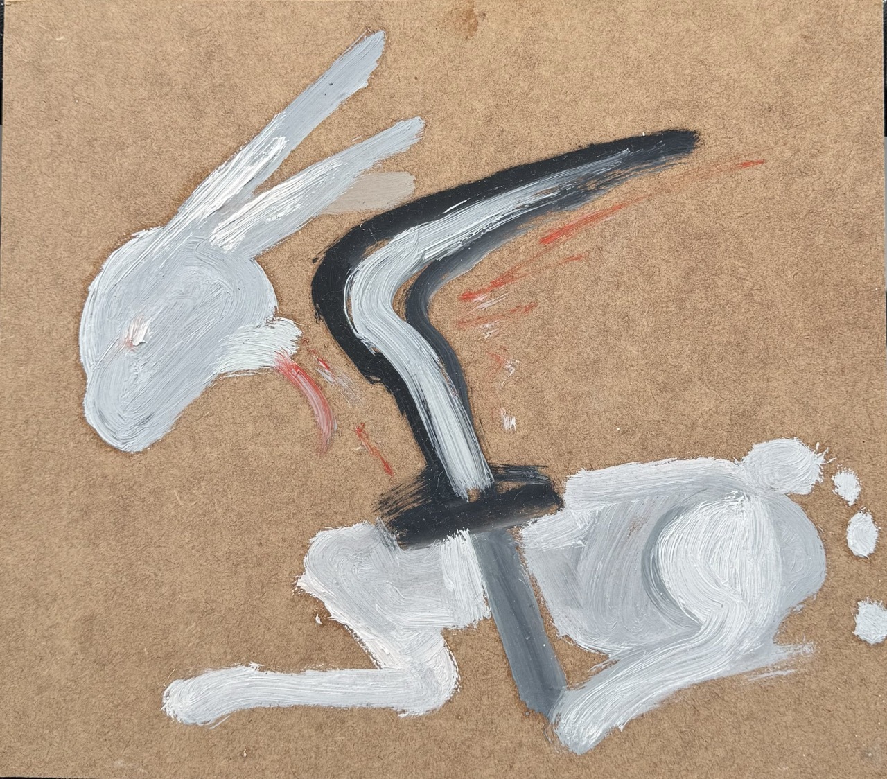 Abstract painting of white and grey brushstrokes forming rabbit-like shape with black curved lines on beige background.