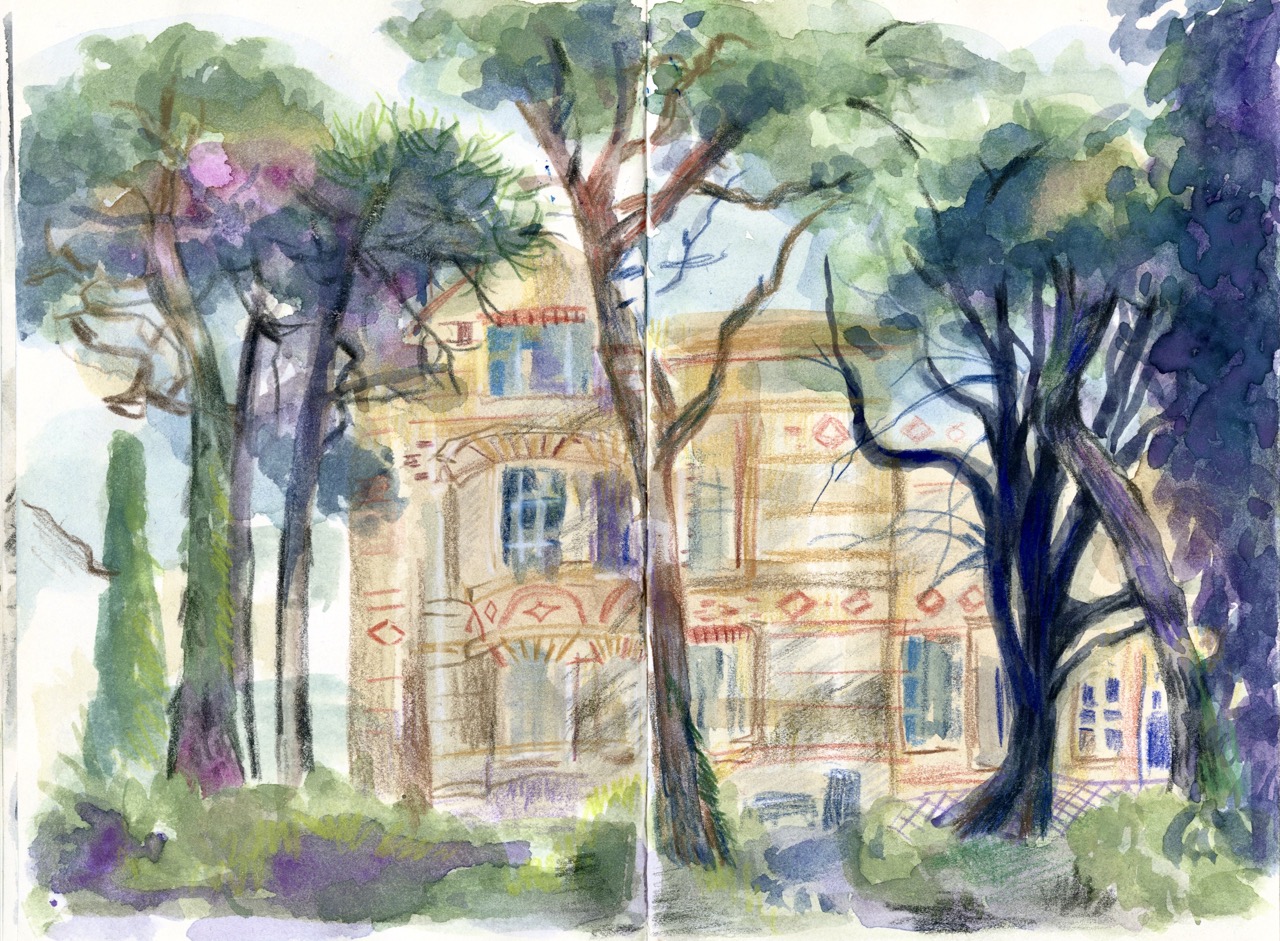 A watercolour painting of a large house partly hidden by tall trees and greenery, with pale walls and blue windows in the background.