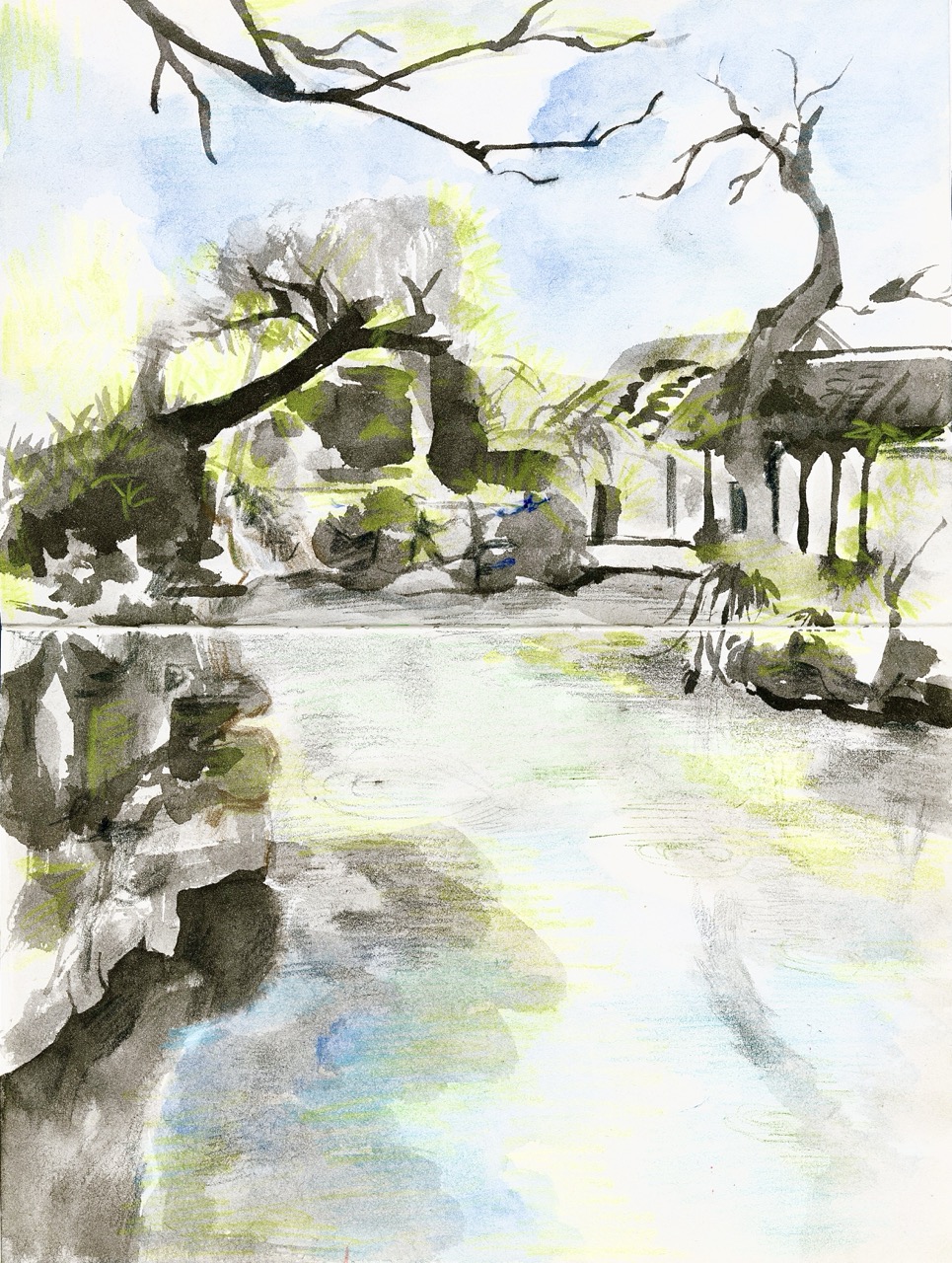A watercolour painting of a calm river or canal with trees arching over both banks and small bridges in the distance.