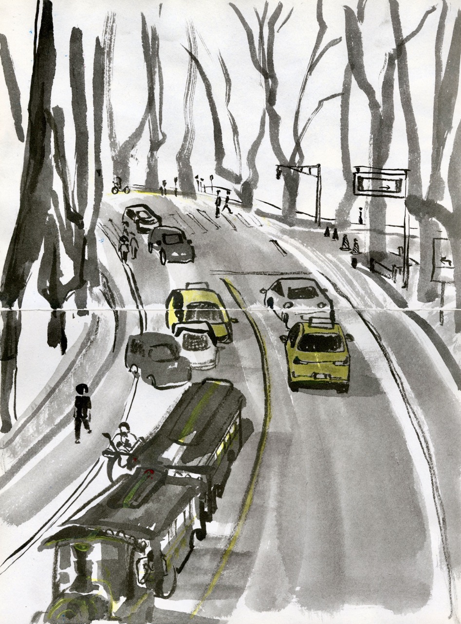 An illustrated winding road with several cars and a bus driving through tall bare trees, with pedestrians and traffic lights along the roadside.
