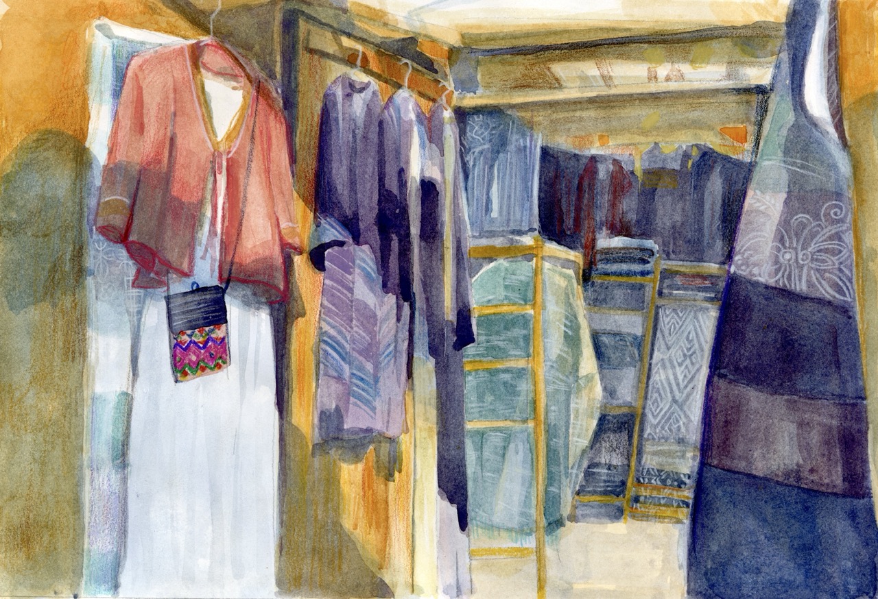 Watercolour-style illustration of hanging garments and patterned textiles arranged on rails in a shop interior.