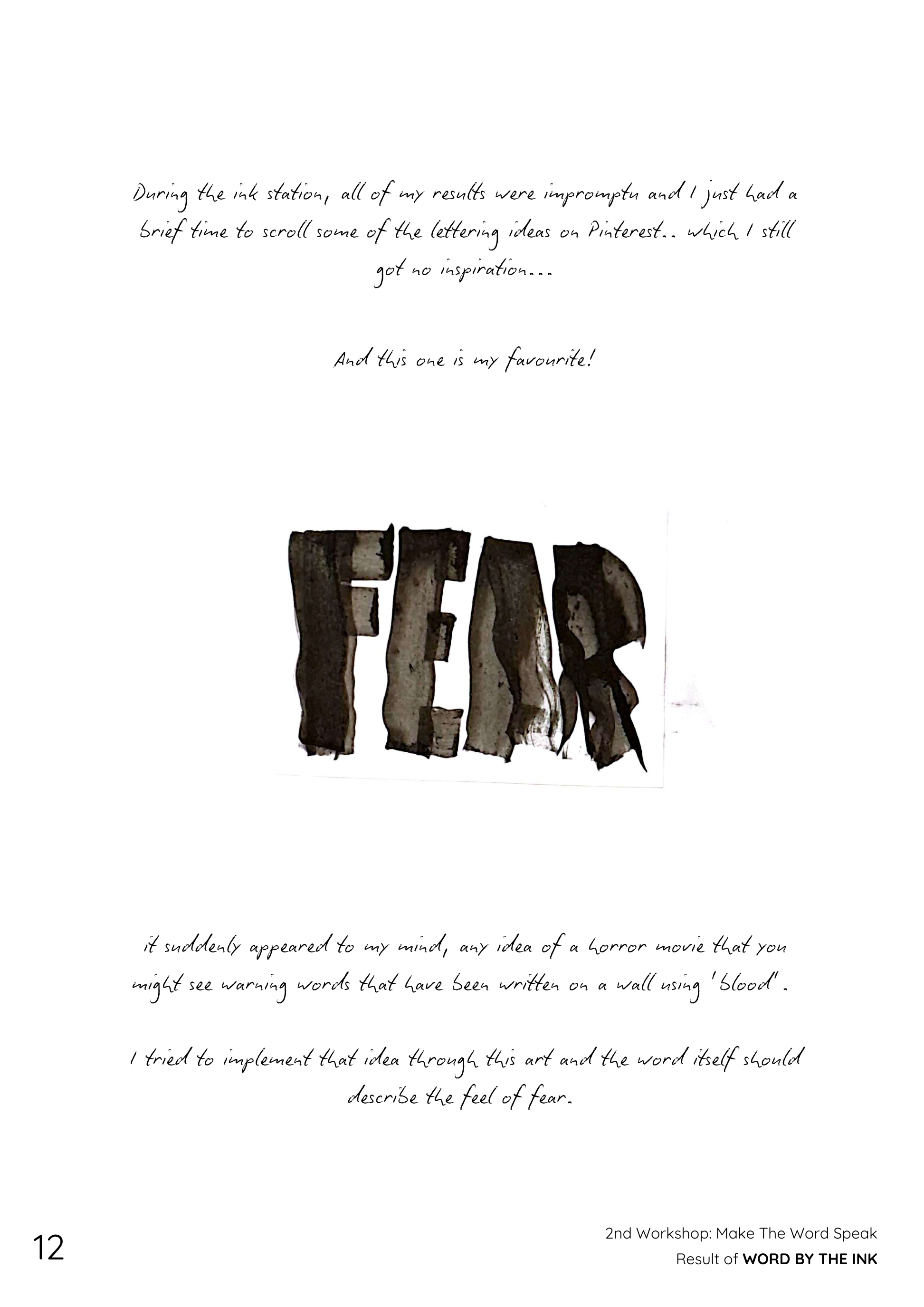 White page with a few lines of text at the top and the bottom. The word "FEAR" appears in the centre, in a thick, shaky, paint-stroke style of font.
