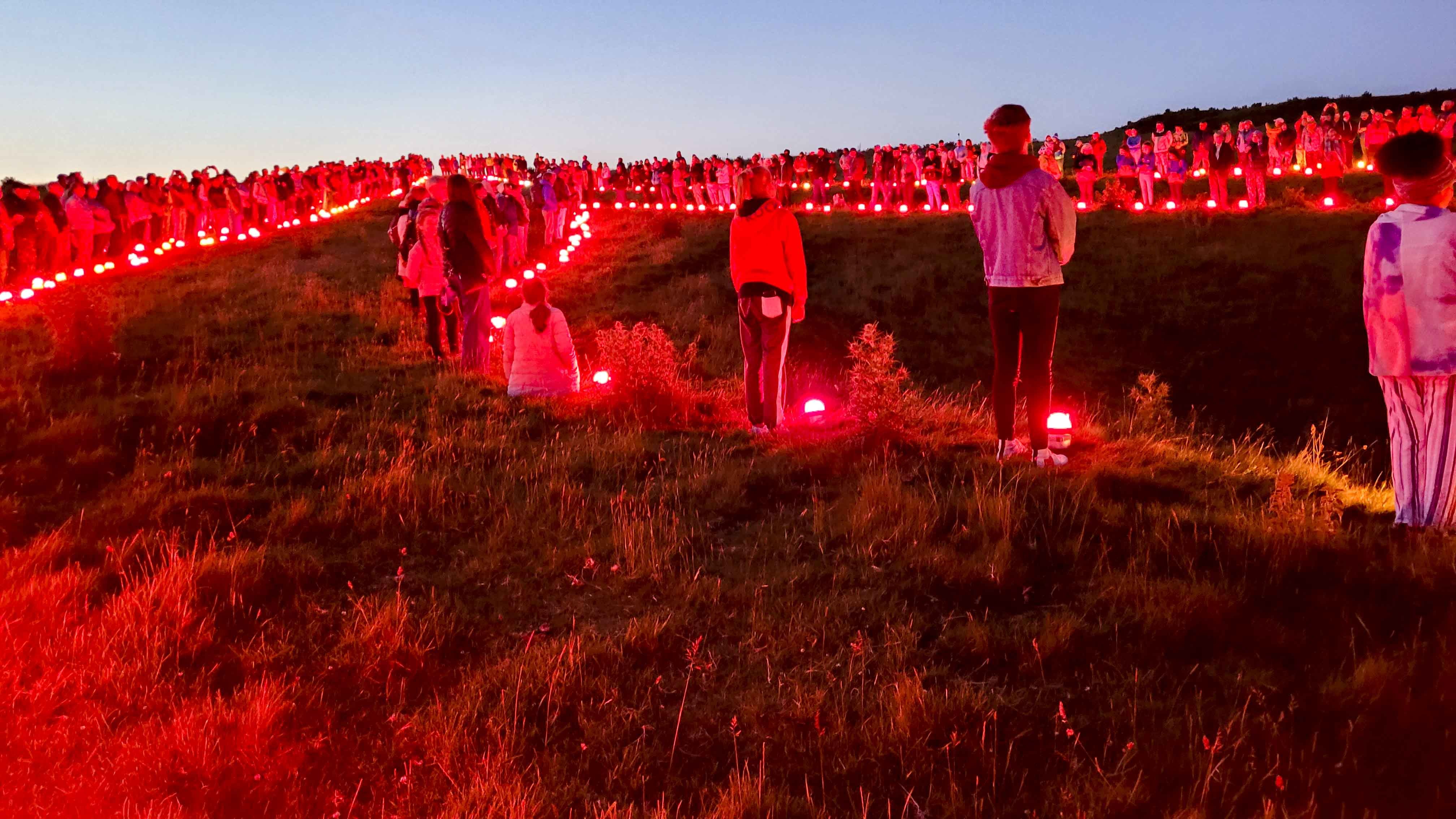 Crowds of people line up in front of red lanterns in a field