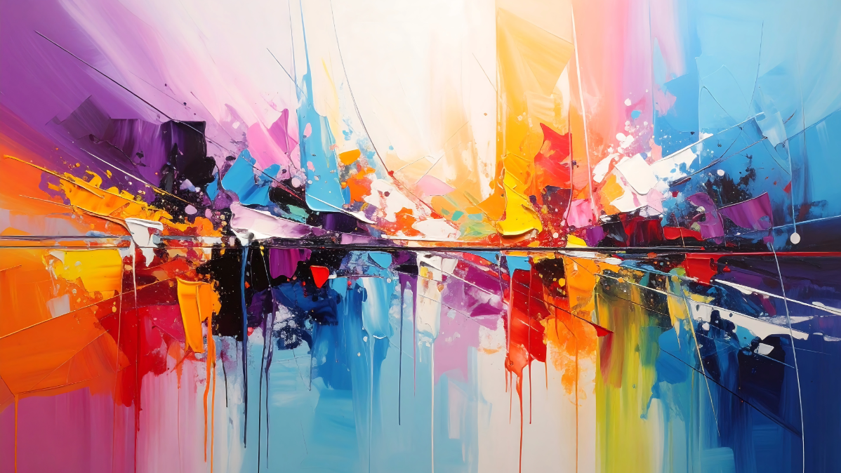 Abstract painting with vibrant colours including purple, blue, orange, yellow, and pink with bold brushstrokes and geometric shapes