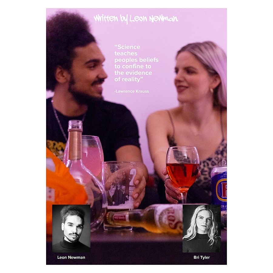 Poster showing two people looking at each other, sat at a table filled with glasses and a beer bottle lying on its side. Two black and white headshot photos appear in the bottom corners.